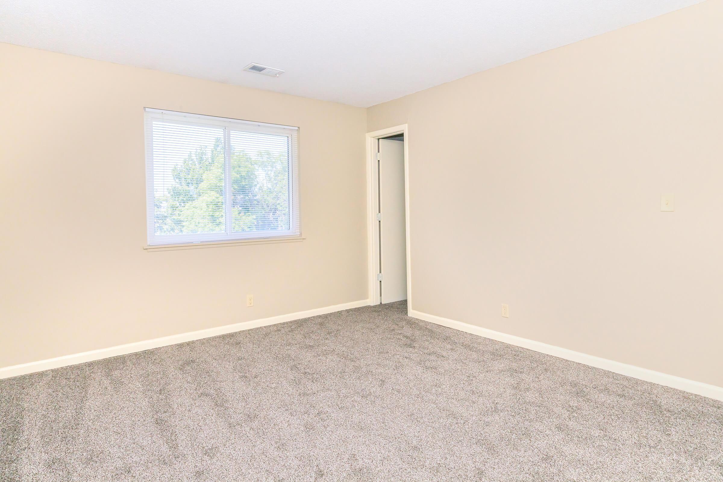 A neutral-colored bedroom with beige walls and light gray carpet. There's a single window with white blinds letting in natural light. A closed door is visible on the right, contributing to a spacious, empty feel. The room is unfurnished, making it suitable for personal customization.