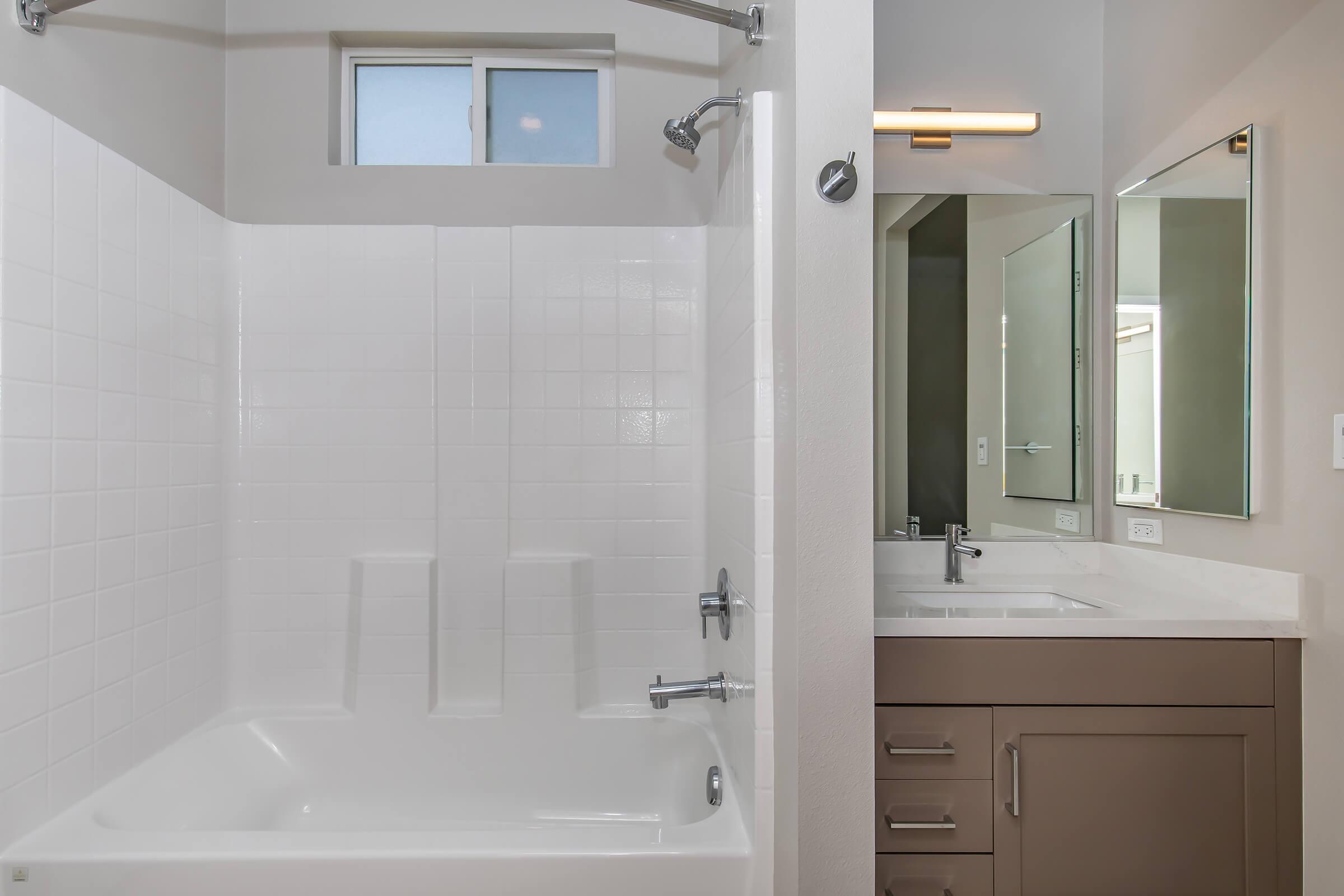 a shower that has a sink and a mirror