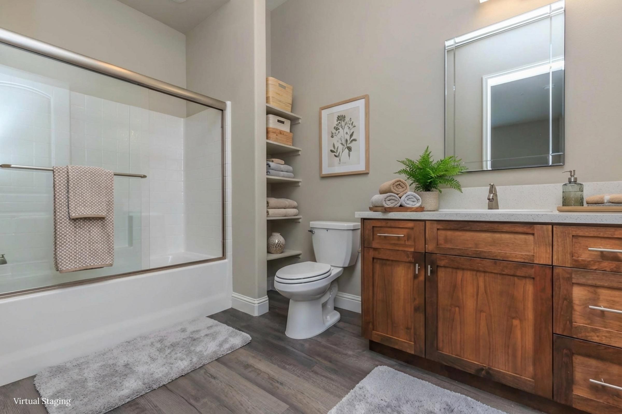 A modern bathroom featuring a walk-in shower with glass doors, a wooden vanity with a single sink and storage, a toilet, and neatly arranged towels. Light gray walls complement the decor, and a potted plant adds a touch of greenery. Soft rugs are placed on the floor for comfort.
