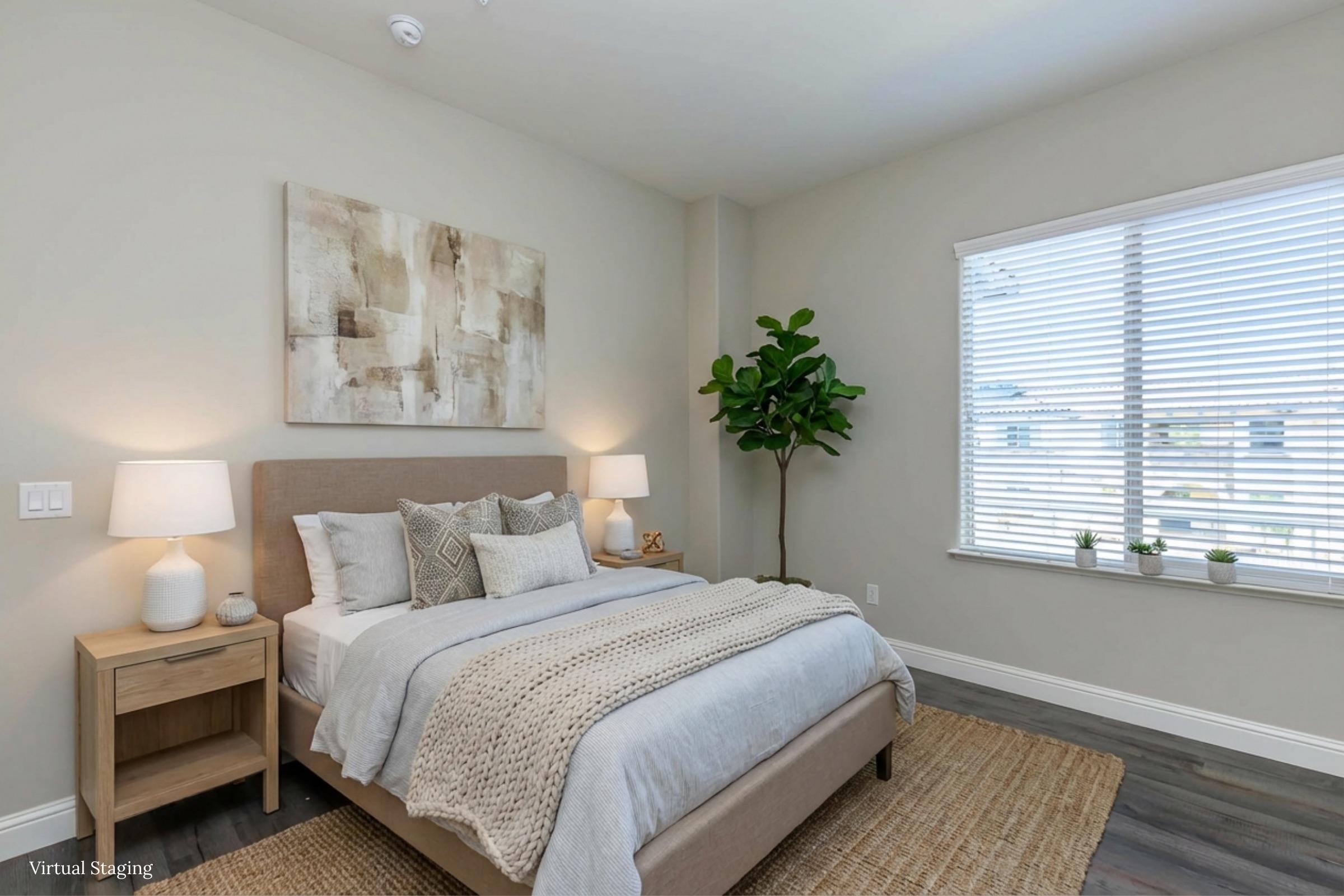 A cozy bedroom featuring a light-colored bed with decorative pillows and a soft throw blanket. Two bedside lamps are placed on either side of a wooden nightstand. A simple piece of abstract art hangs on the wall above the bed. A potted plant adds a touch of greenery, and natural light flows through a window with blinds.