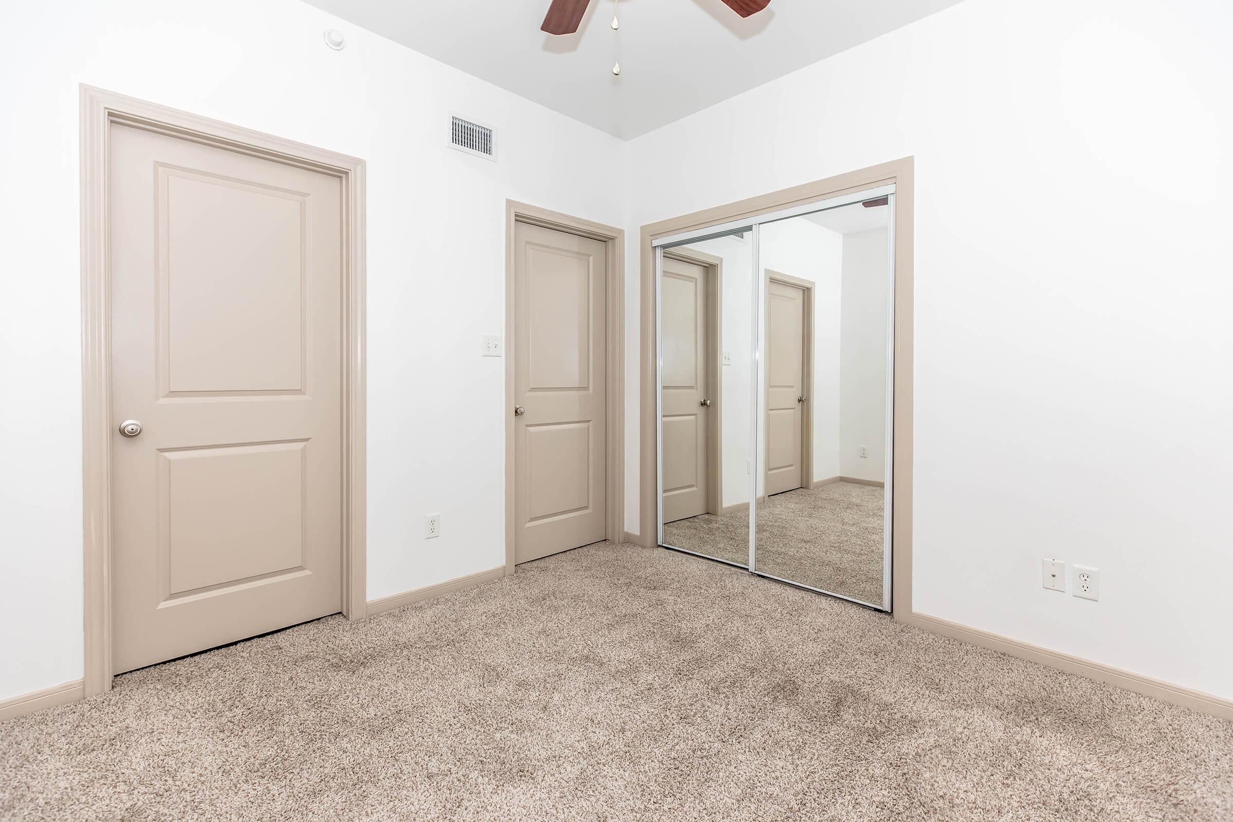 Mirrored Closet and Carpeted Flooring in Bedroom