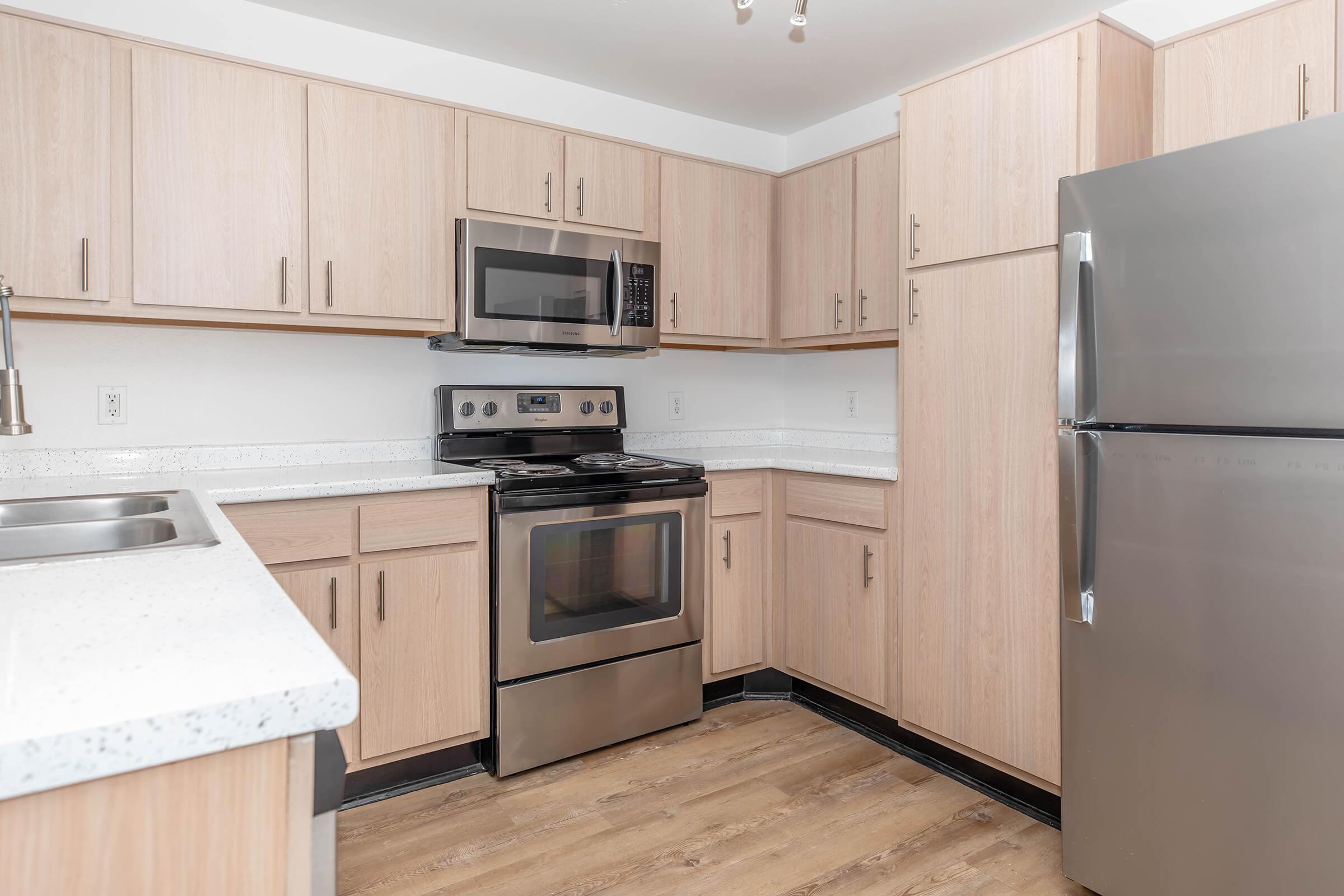 Modern Kitchen with Stainless Steel Appliances and Light Wood Cabinetry