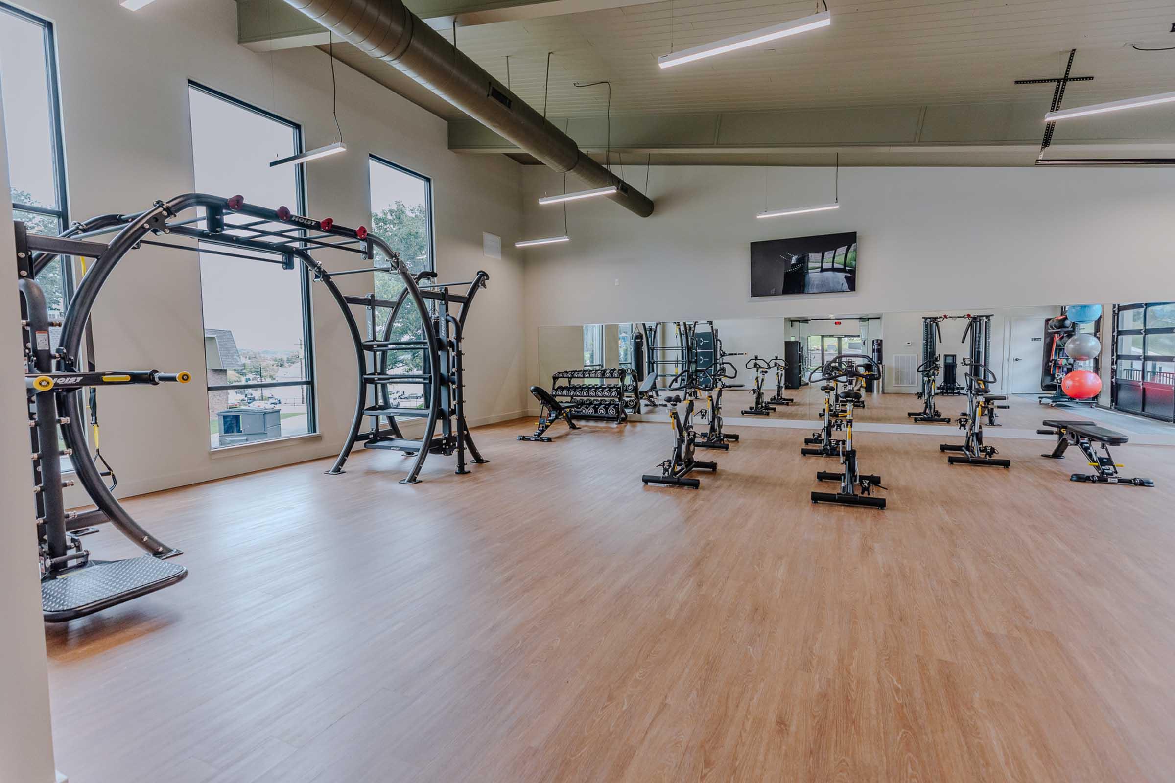 Empty modern gym interior with various fitness equipment, including weight machines and cardio machines. Large windows provide natural light, and mirrors line one wall. A television is mounted on another wall, and the flooring is wood-like. The space is clean and well-organized, ideal for workouts.