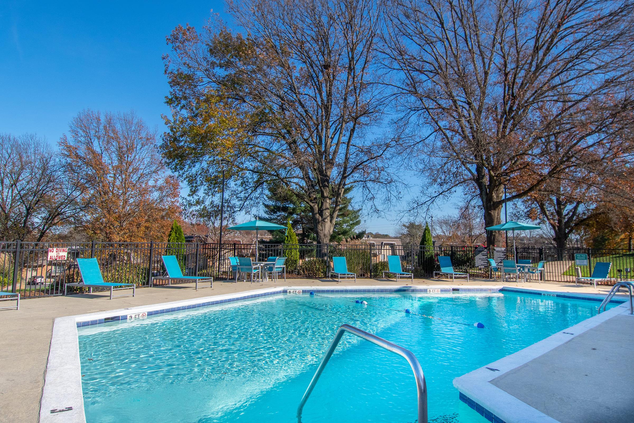 A sunny outdoor pool area featuring a clear blue water pool surrounded by lounge chairs and shaded umbrellas. Trees with fall foliage are visible in the background against a clear blue sky.
