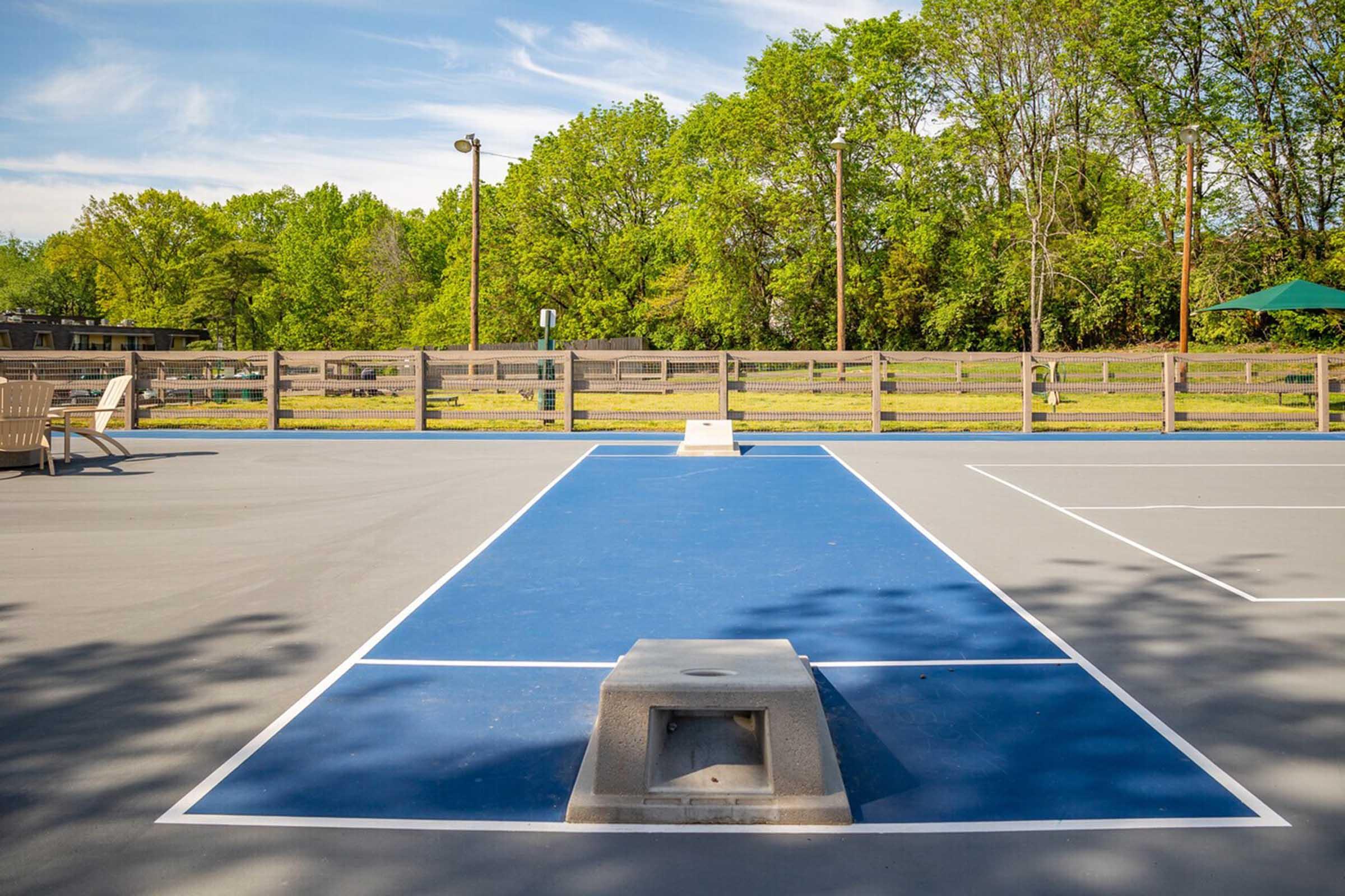 A spacious outdoor sports court with a blue central area and two gray launching platforms on either end. Lush green trees and a wooden fence are visible in the background, along with a few seating areas nearby, creating a serene environment for recreational activities.