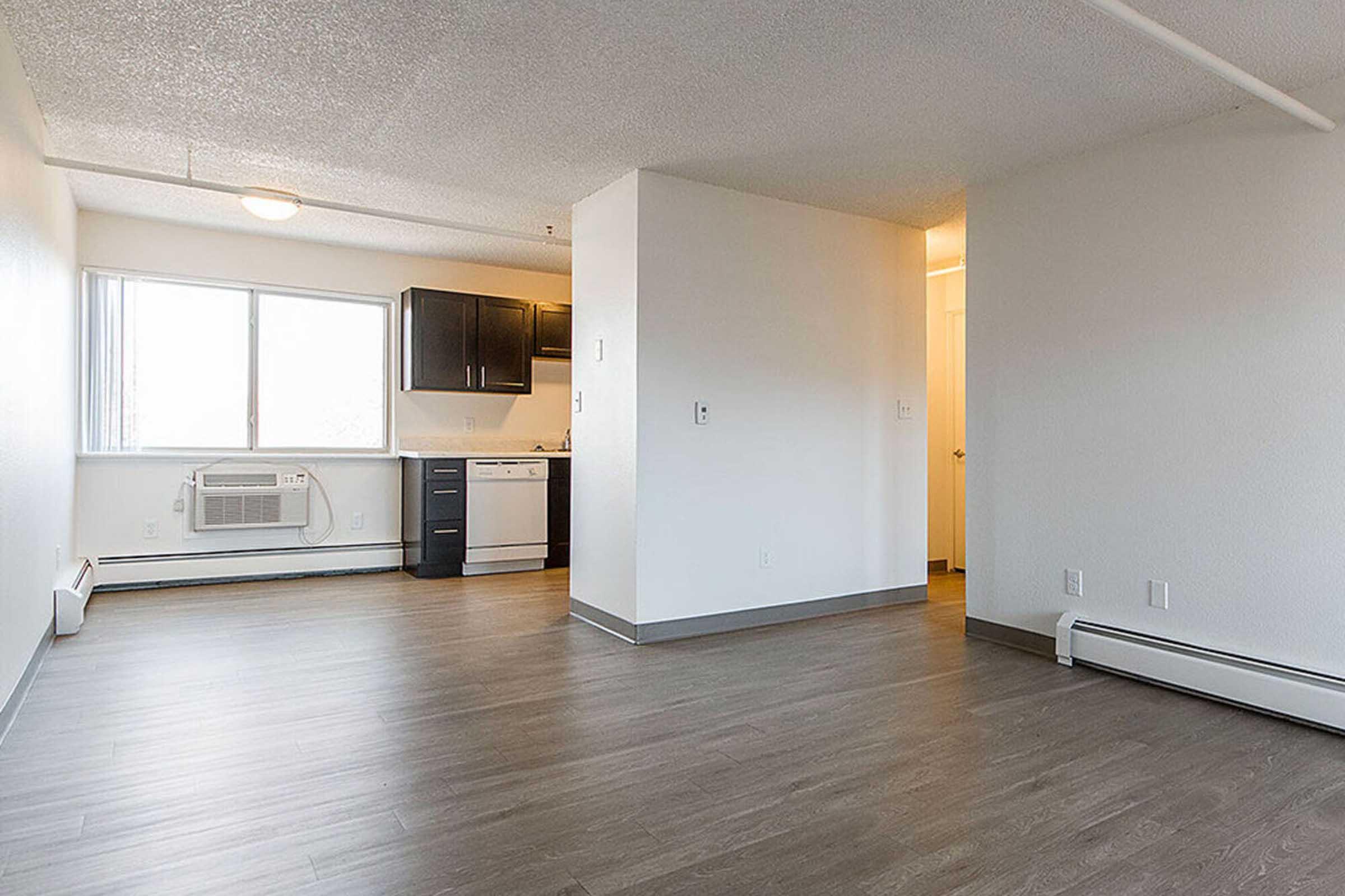 Spacious interior of a modern apartment, featuring a living area with light-colored walls, wood-style flooring, and a large window. The kitchenette is equipped with dark cabinetry, a refrigerator, and a dishwasher. An air conditioning unit is installed on the wall, providing comfort and convenience.