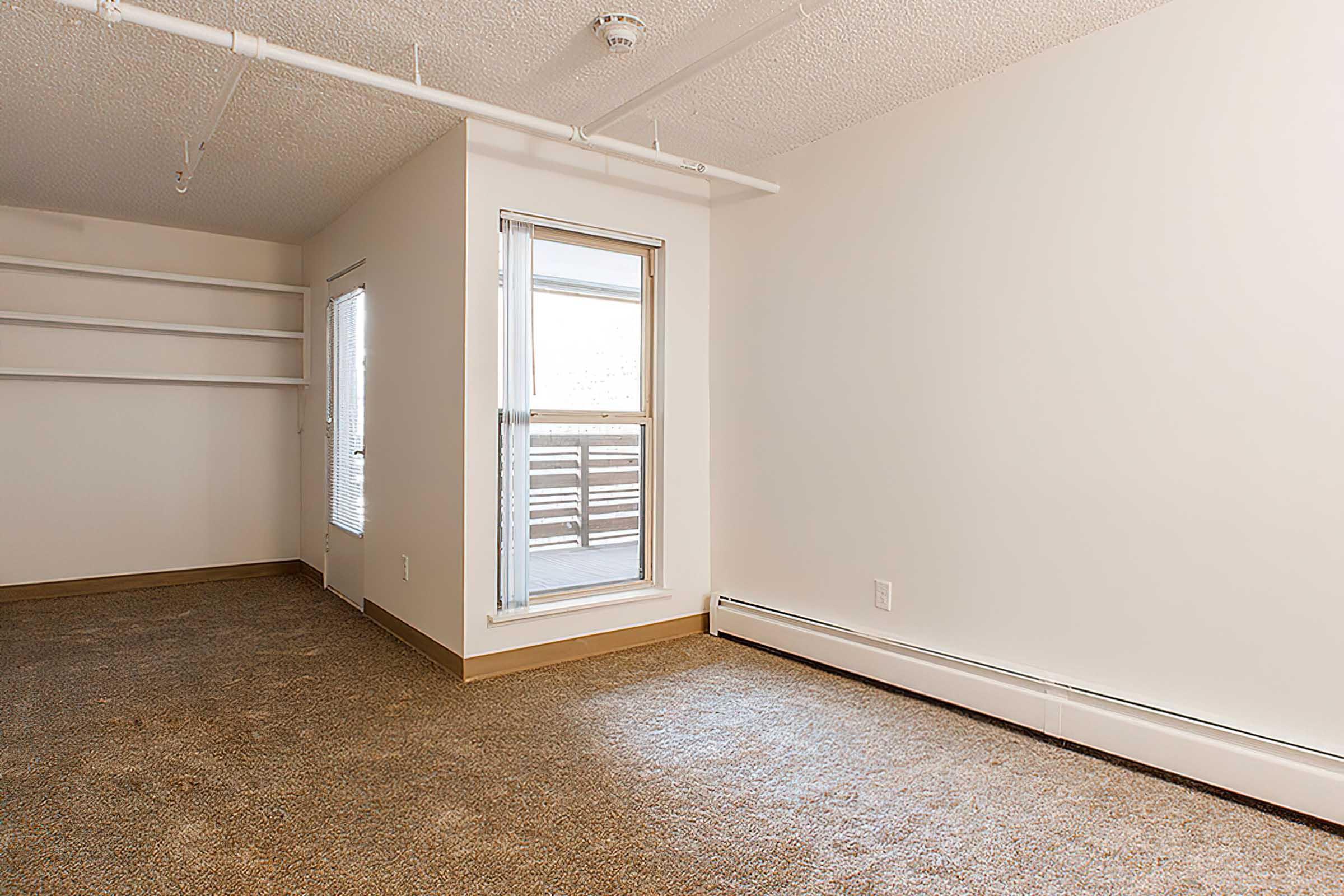 Empty room featuring light-colored walls, a large window allowing natural light, and a carpeted floor. There is a shelf along one wall and visible heating elements along the baseboards. The space appears clean and ready for furnishings.