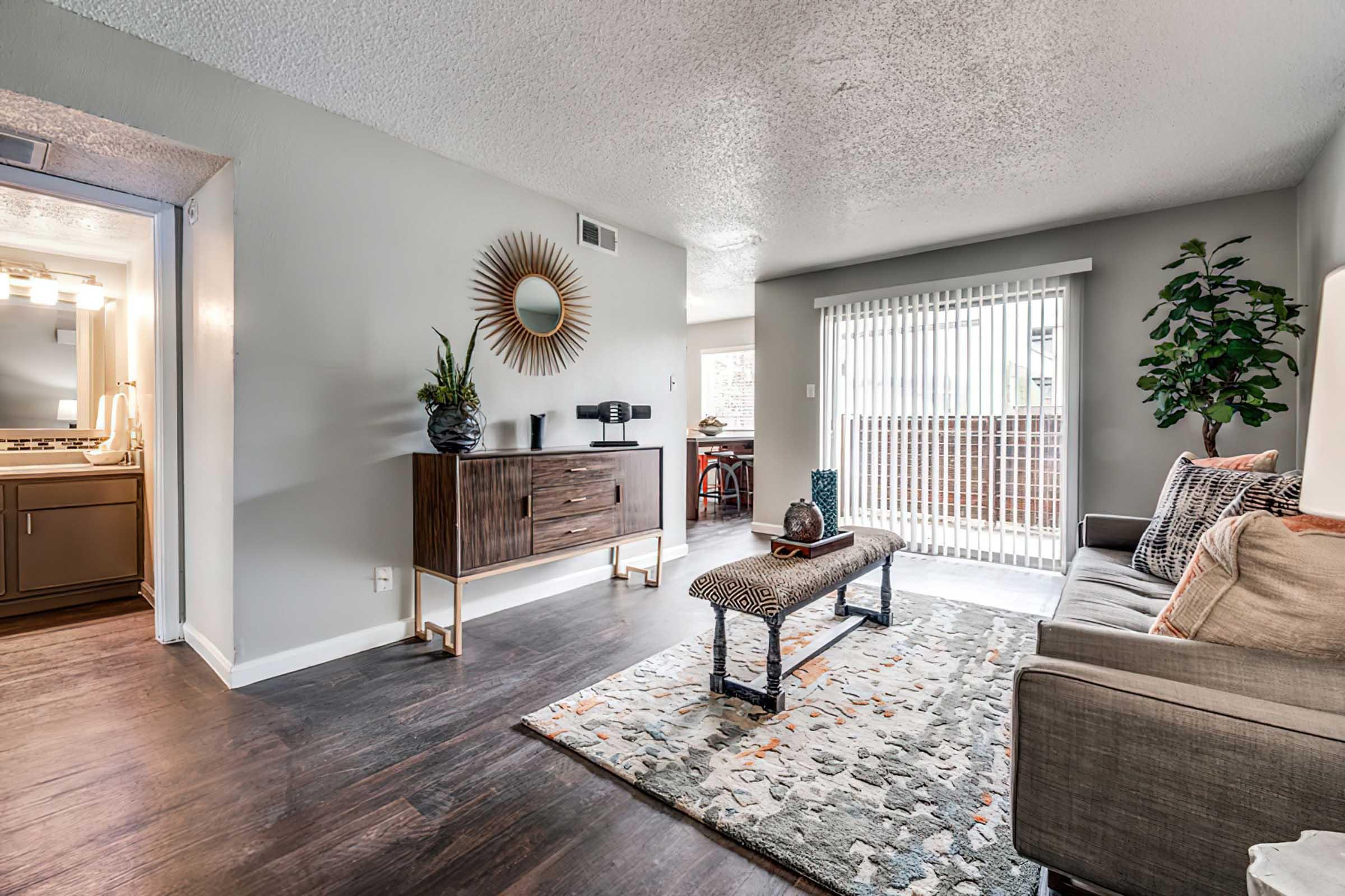 A modern living room featuring a comfortable gray sofa and a patterned area rug. A wooden side table holds decorative items, and a large mirror with a sunburst design is mounted on the wall. Natural light flows in through sliding glass doors, with a potted plant in the corner adding a touch of greenery.