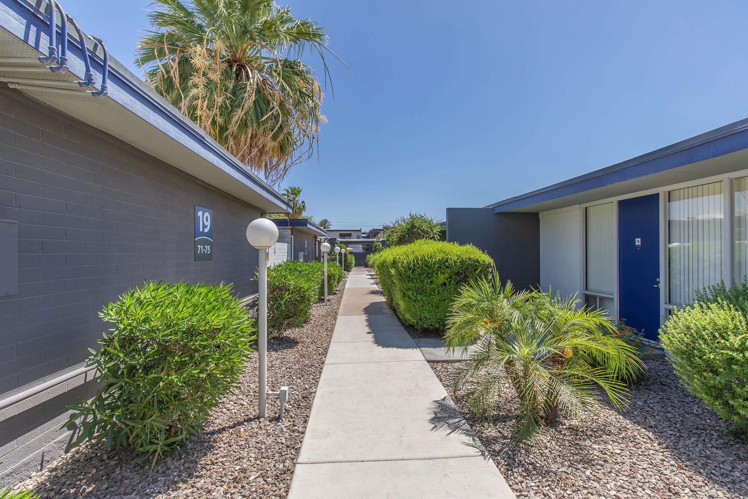 Outdoor walkway surrounded by green landscaping and Phoenix apartments