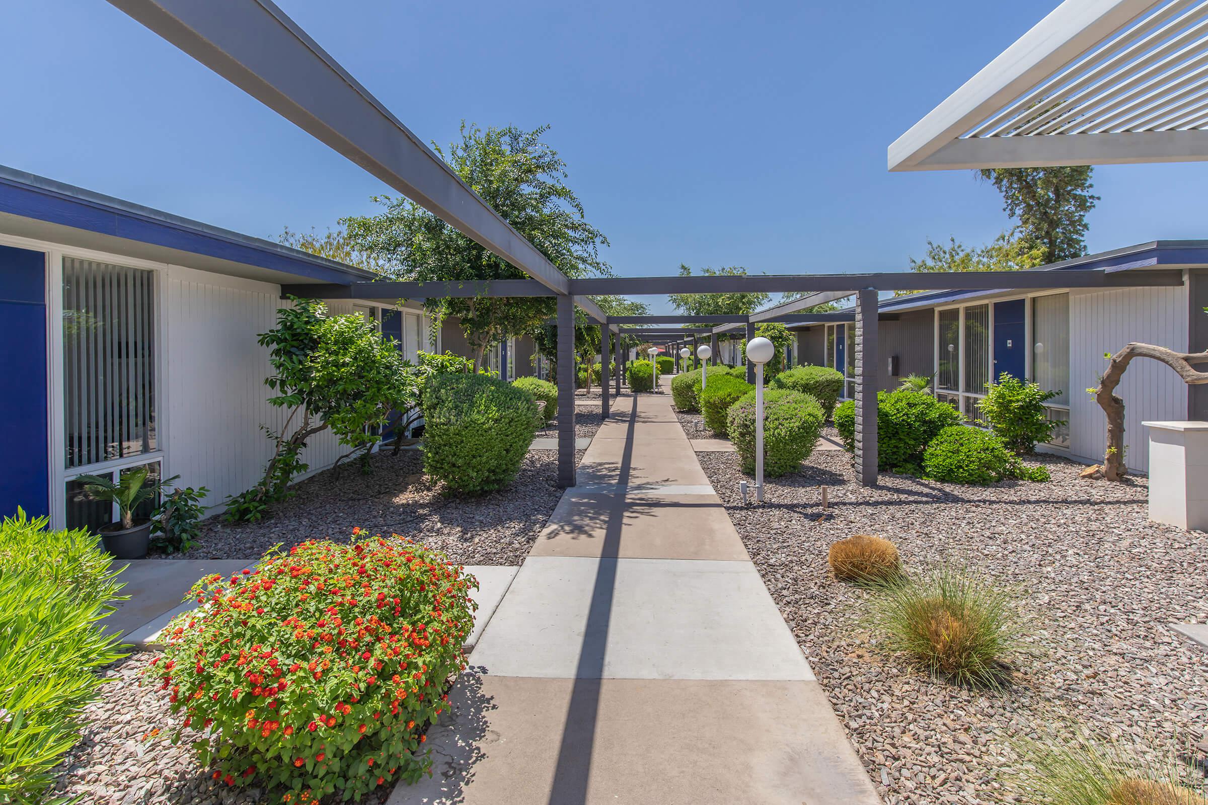 Outdoor walkway surrounded by green landscaping and Phoenix apartments on either side