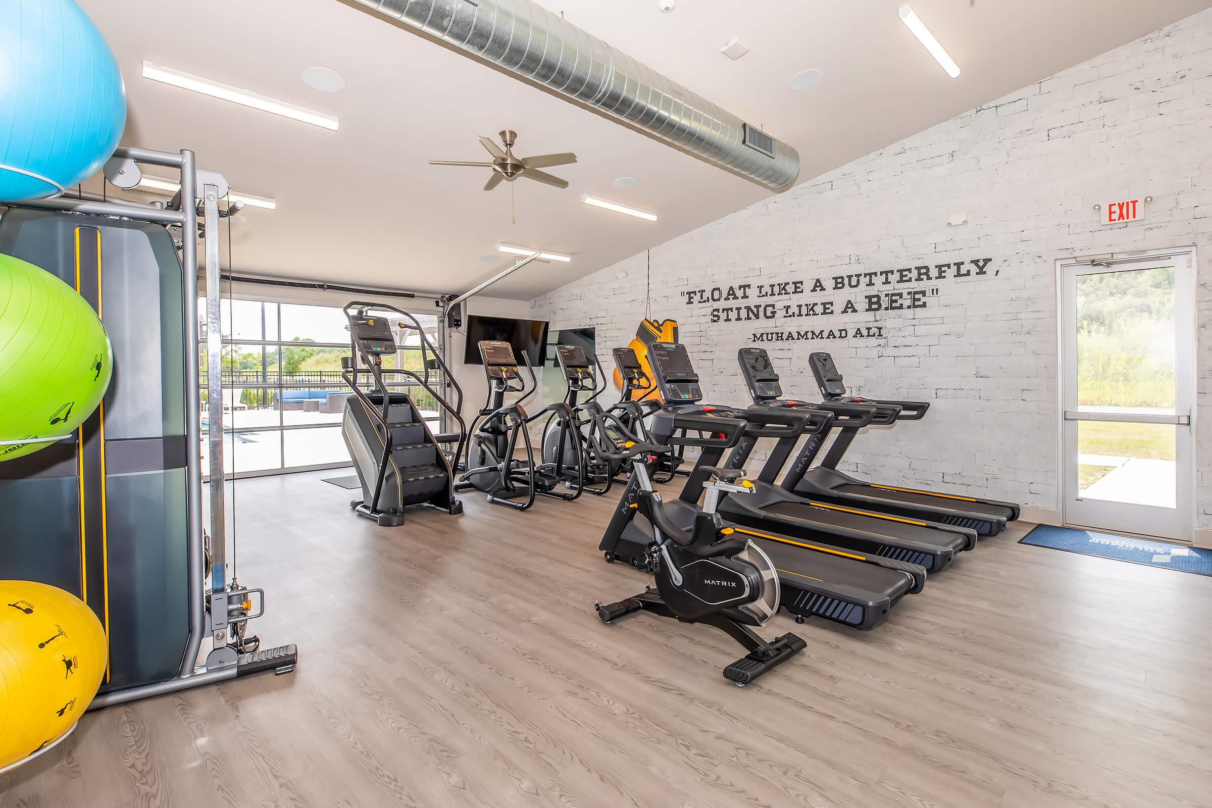 A modern gym interior featuring exercise equipment including treadmills, ellipticals, and a stationary bike. Brightly colored exercise balls are displayed, and motivational quotes adorn the wall. Large windows allow natural light, creating an open and inviting atmosphere for workouts.