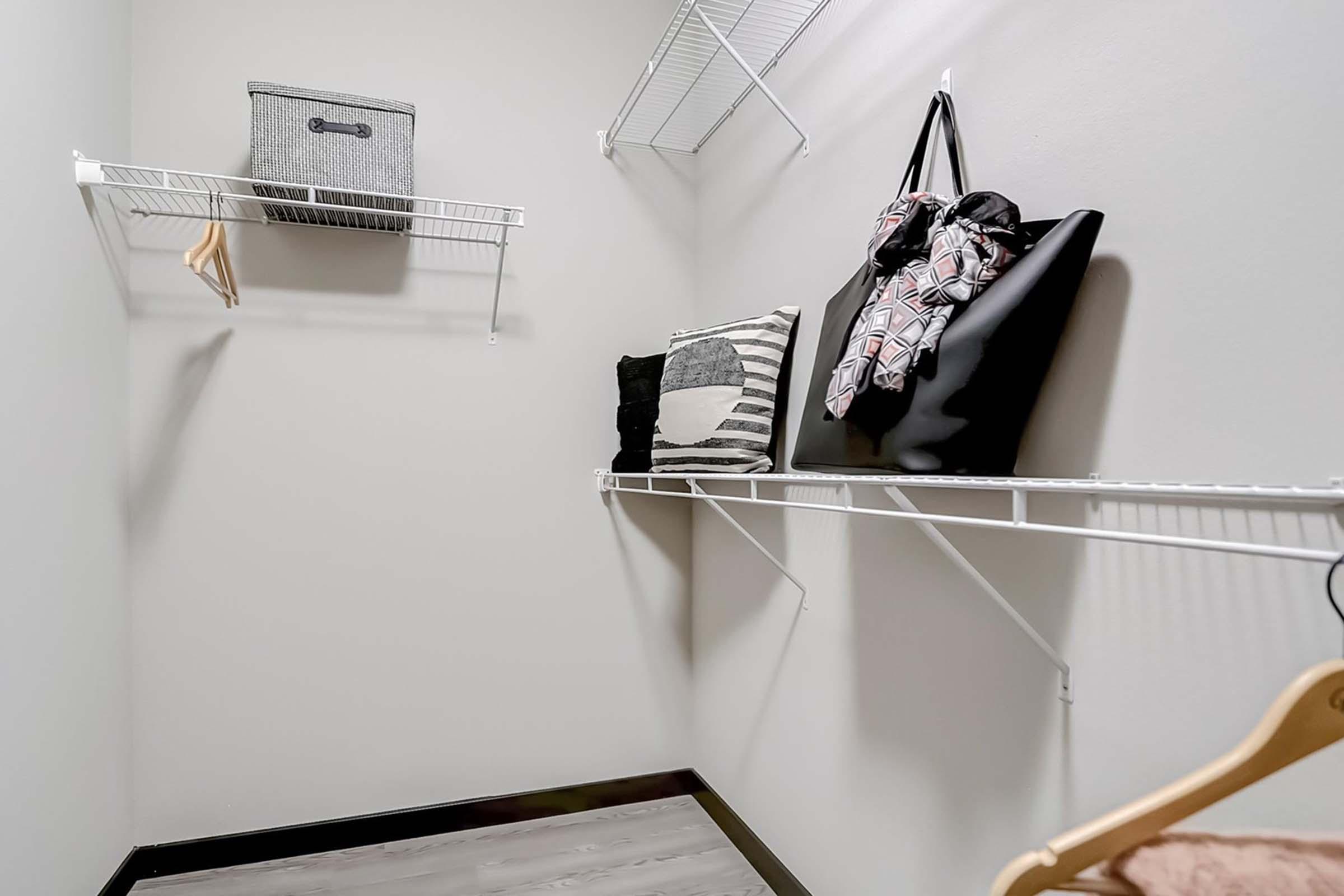 A minimal closet featuring a gray decorative box on a wire shelf, a black tote bag with patterns, two decorative pillows in black and white, and a wooden hanger on another shelf. The walls are painted light gray, and the flooring appears to be light-colored wood.