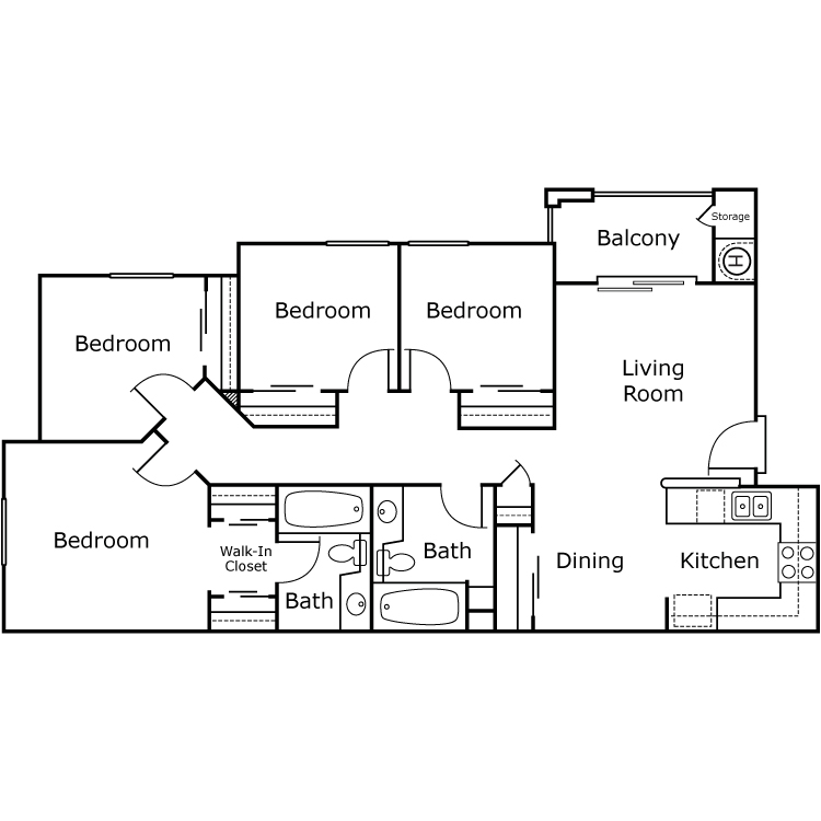 4 Bed 2 Bath, a 4 bedroom 2 bathroom floor plan.