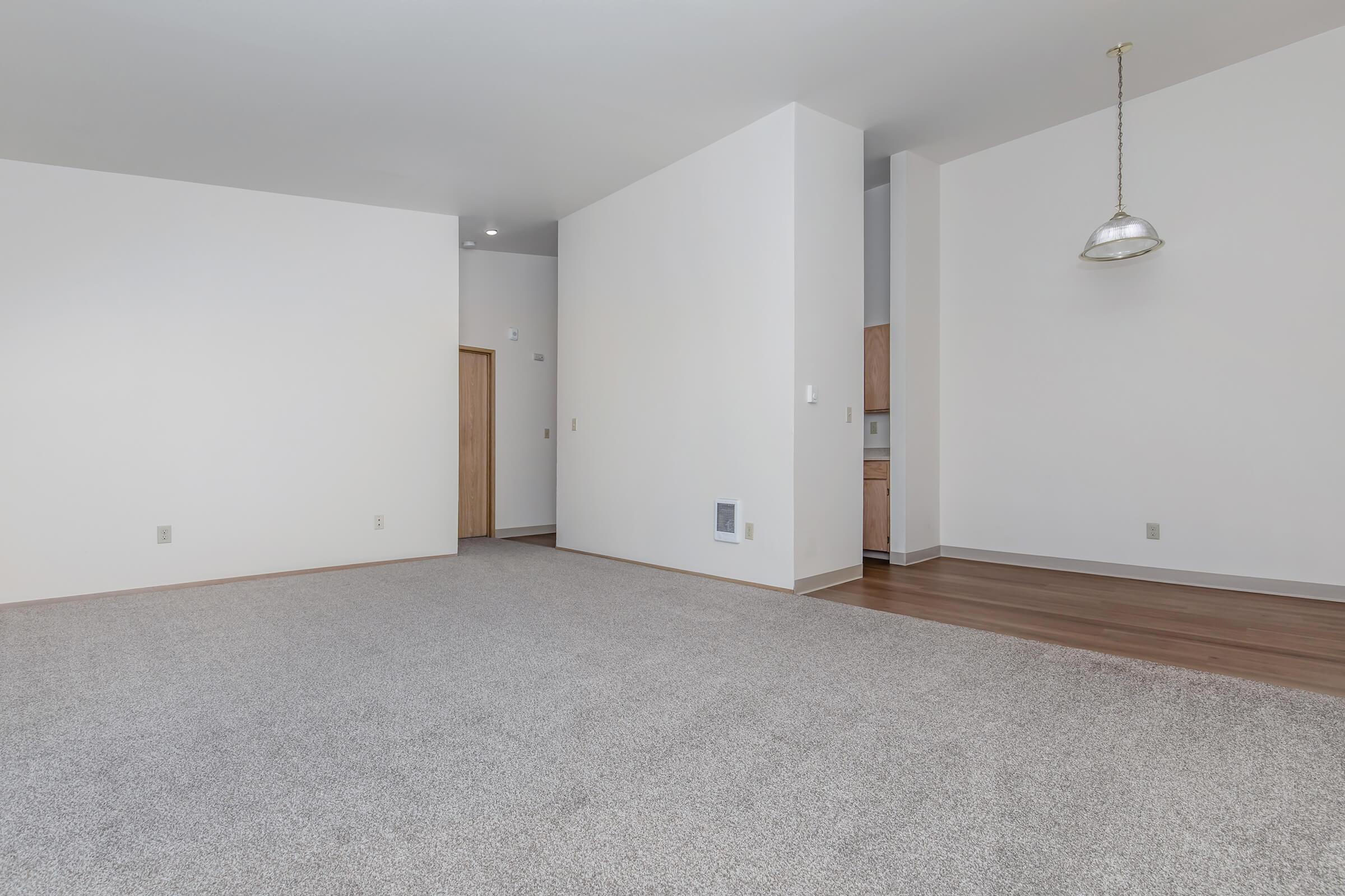 A spacious, empty room with light gray carpet and white walls. A small kitchen area can be seen in the background, featuring wooden cabinets. A pendant light hangs from the ceiling. The room is well-lit, creating a bright and airy atmosphere.