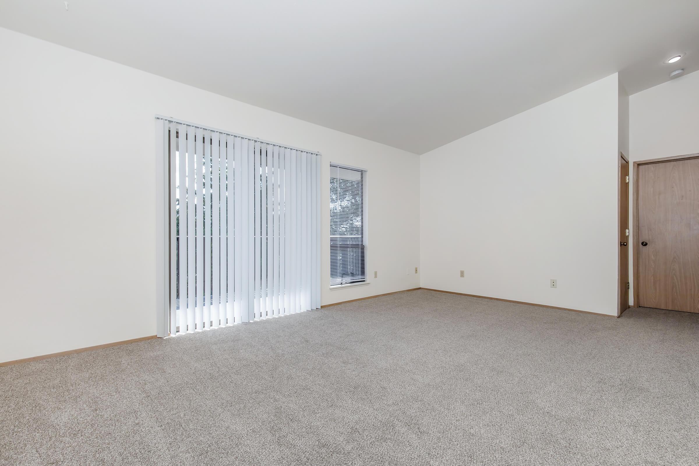 A spacious, empty room with beige carpet and white walls. Large sliding glass doors with vertical blinds allow natural light to enter. A window is visible on the left side, and there is a wooden door on the right. The room has a simple, uncluttered design, ideal for various interior arrangements.