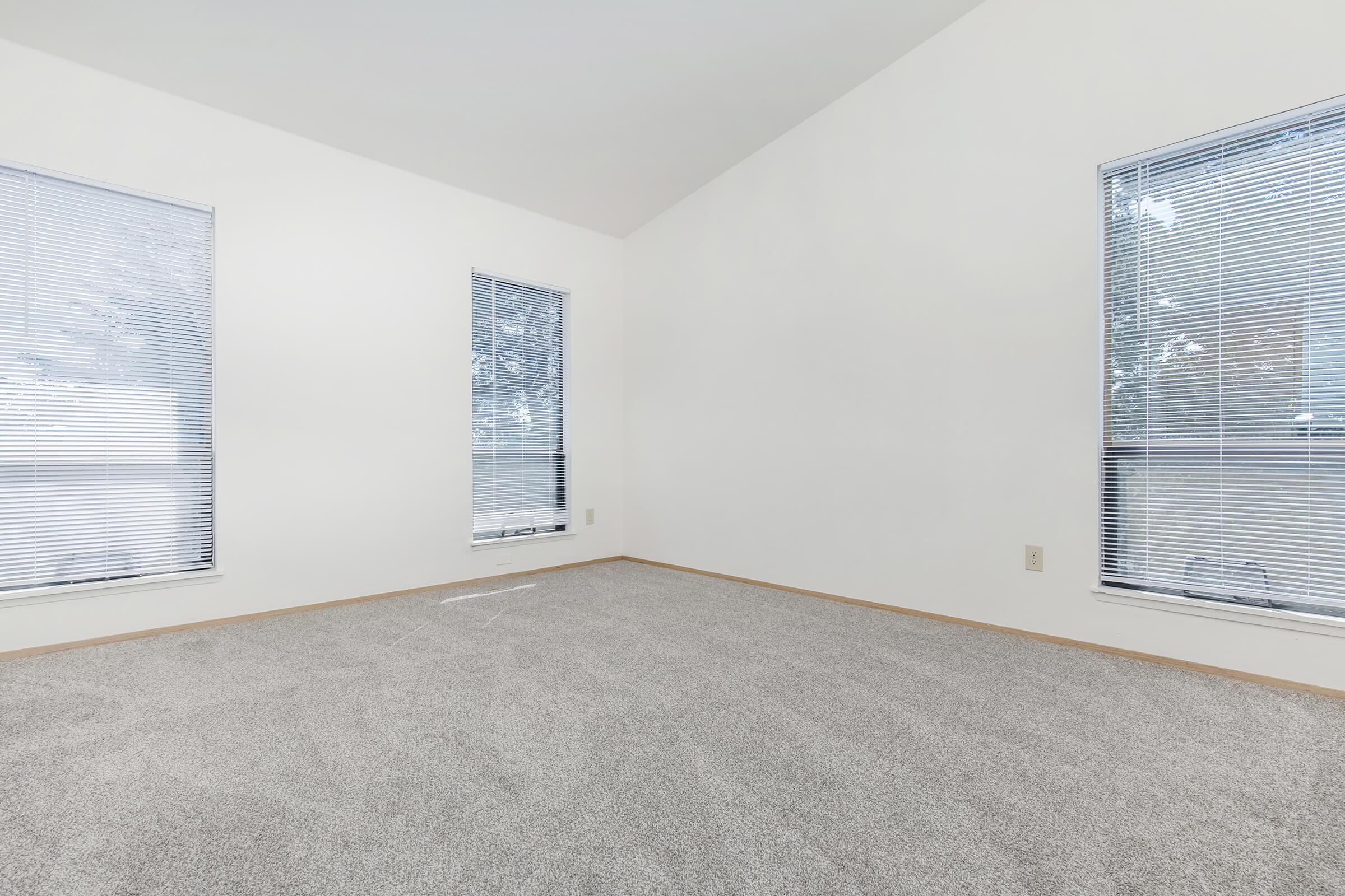 Empty room with light gray carpeting, featuring two tall windows with blinds on either side. The walls are painted white, and the ceiling is high and sloped, creating a spacious feel. Natural light filters in through the windows, giving the room a bright and airy atmosphere.