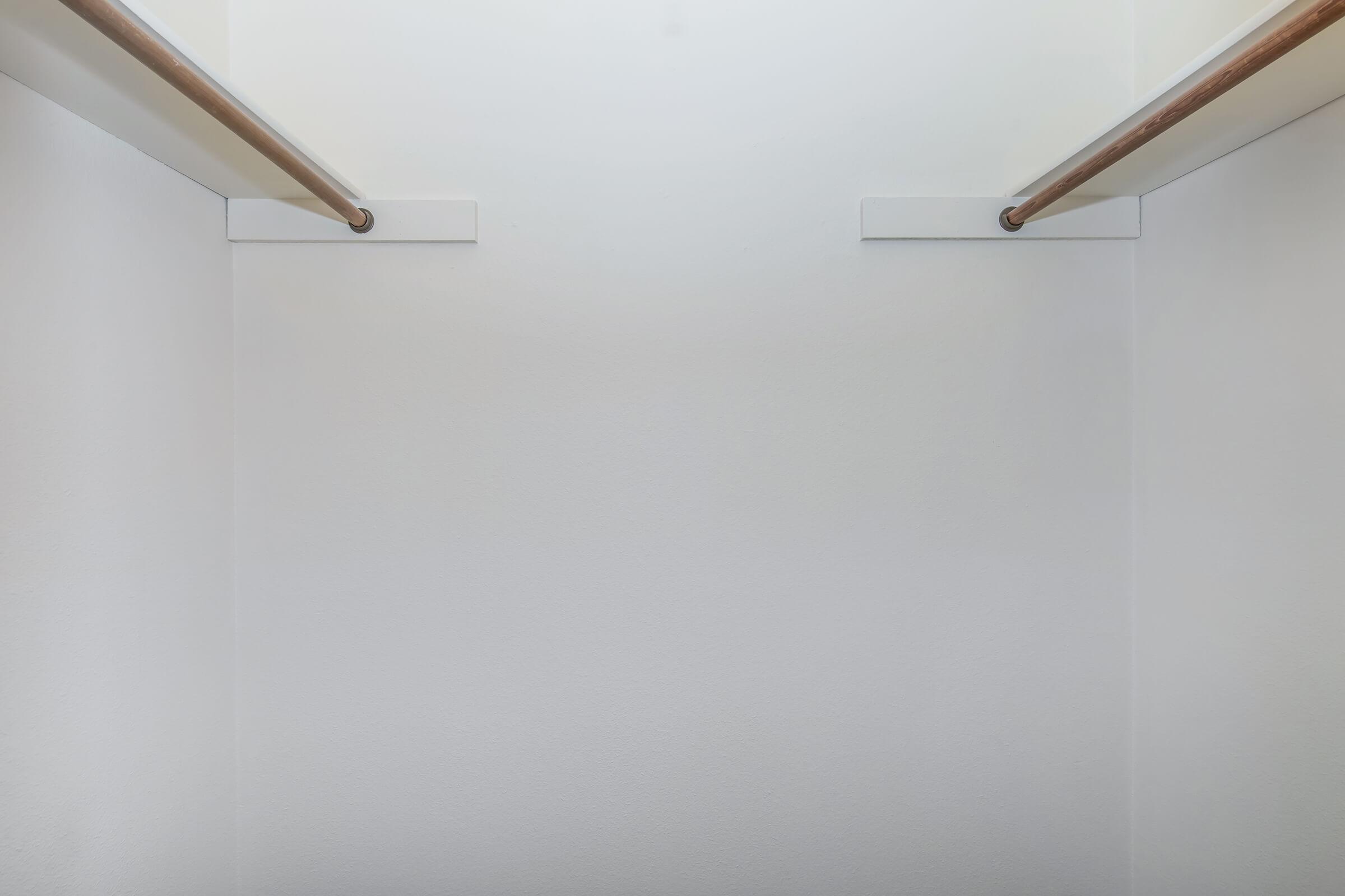 Empty closet with white walls and two horizontal wooden rods for hanging clothes, creating a spacious and minimalist appearance. The light source above enhances the bright, airy feeling of the space.