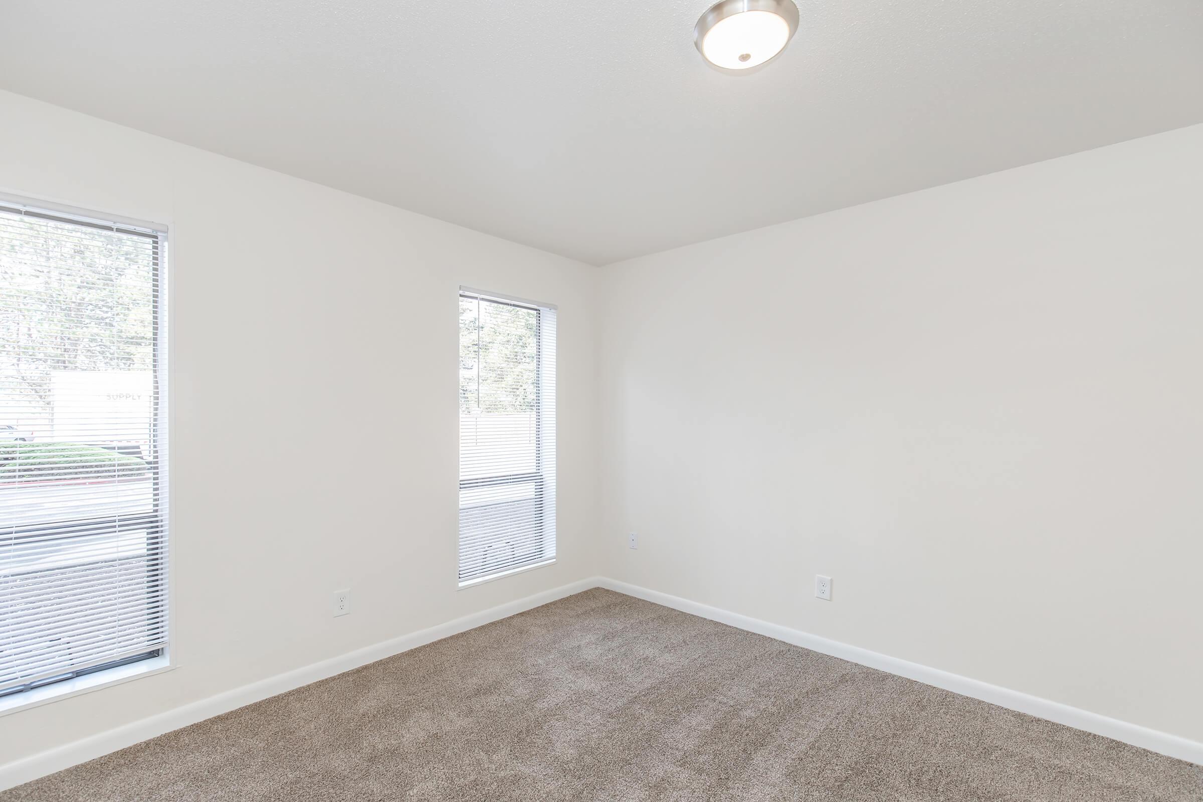 A bright, unfurnished room with light-colored walls and carpet. It has two windows with blinds that let in natural light, and a ceiling light fixture. The space appears clean and minimal, suitable for various uses such as a living area or office.