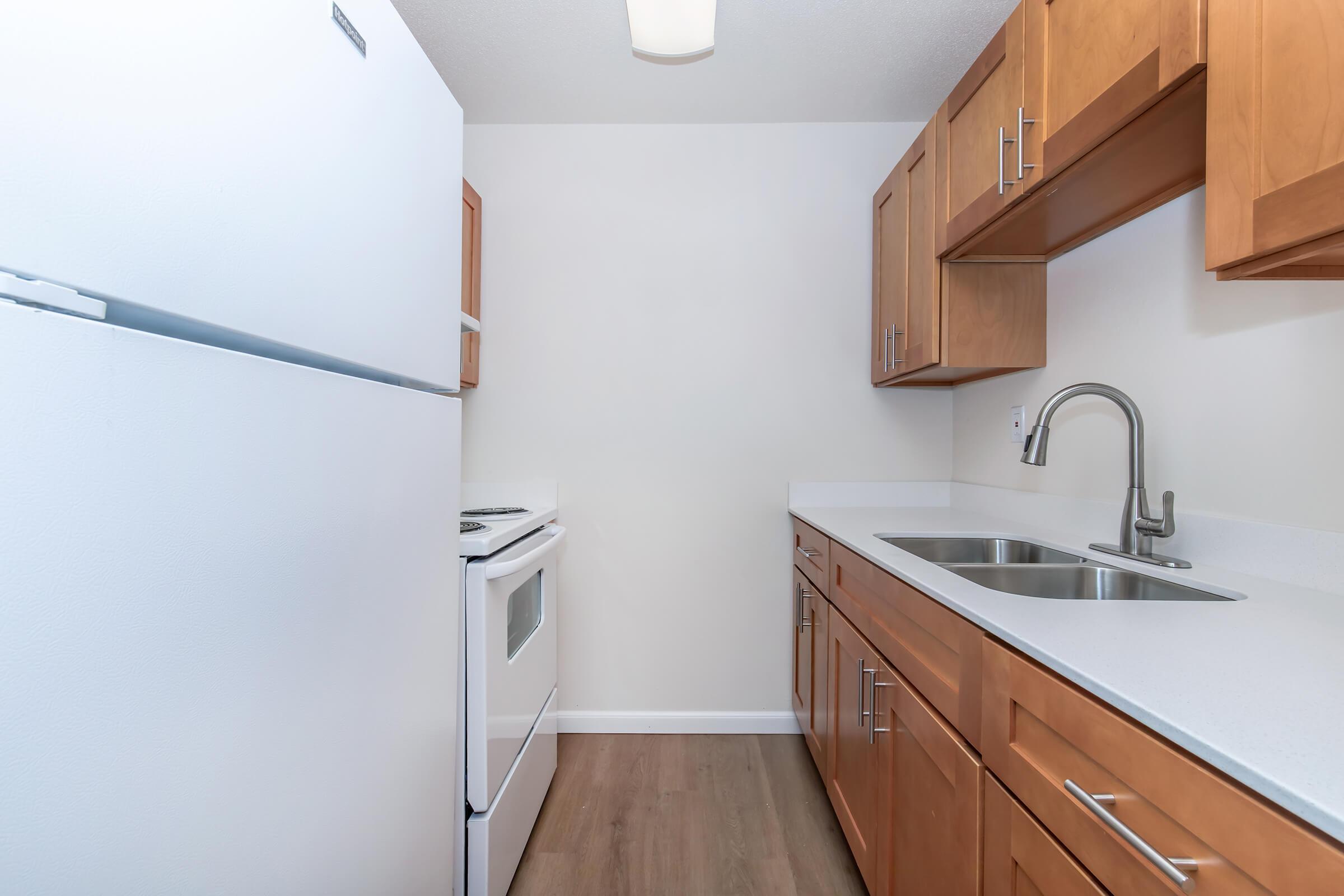 A modern kitchen featuring light wood cabinets, a white refrigerator, an electric stove, and dual stainless steel sinks. The counter is smooth and white, with a minimalistic design. The walls are painted a soft, neutral color, and the flooring is wood-like, creating a clean and inviting space.