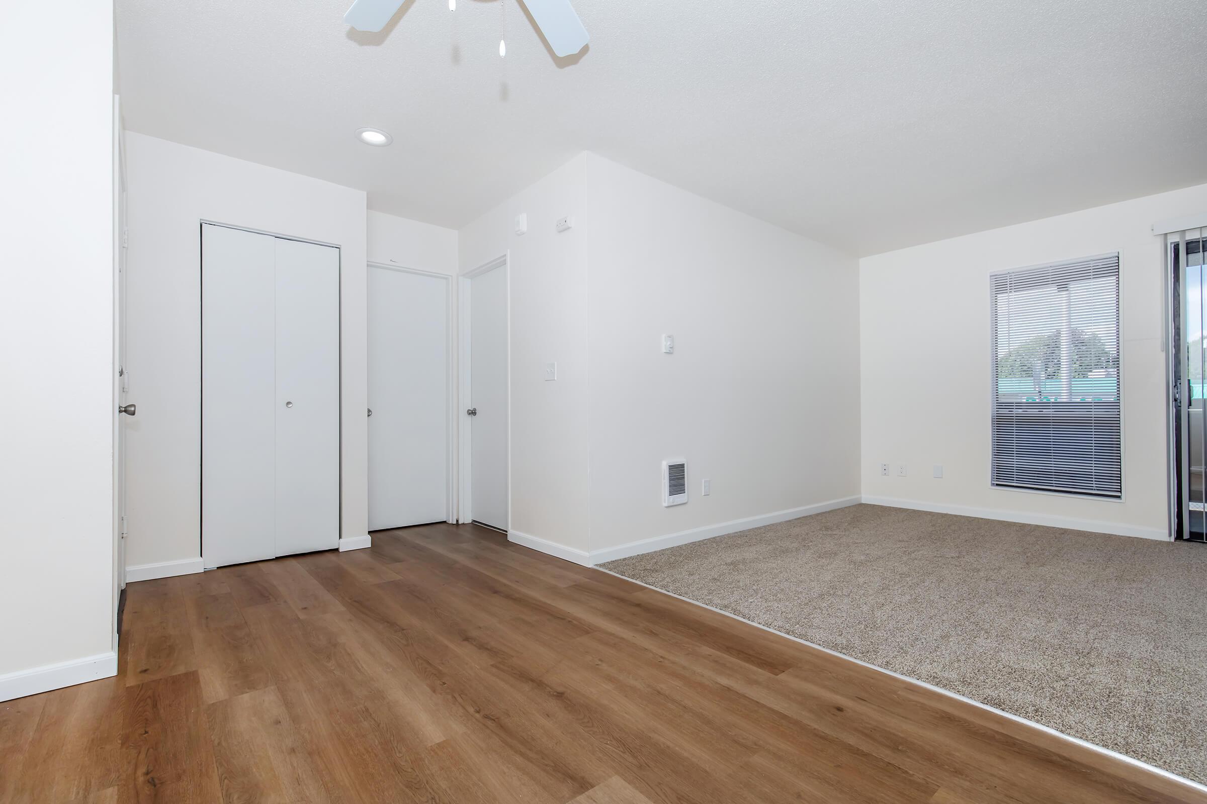 A bright, empty living room with light-colored walls and new carpet. The room features two doors, one leading to a closet and another to a hallway. A large window with blinds allows natural light to enter. The flooring transitions from carpet to wood.