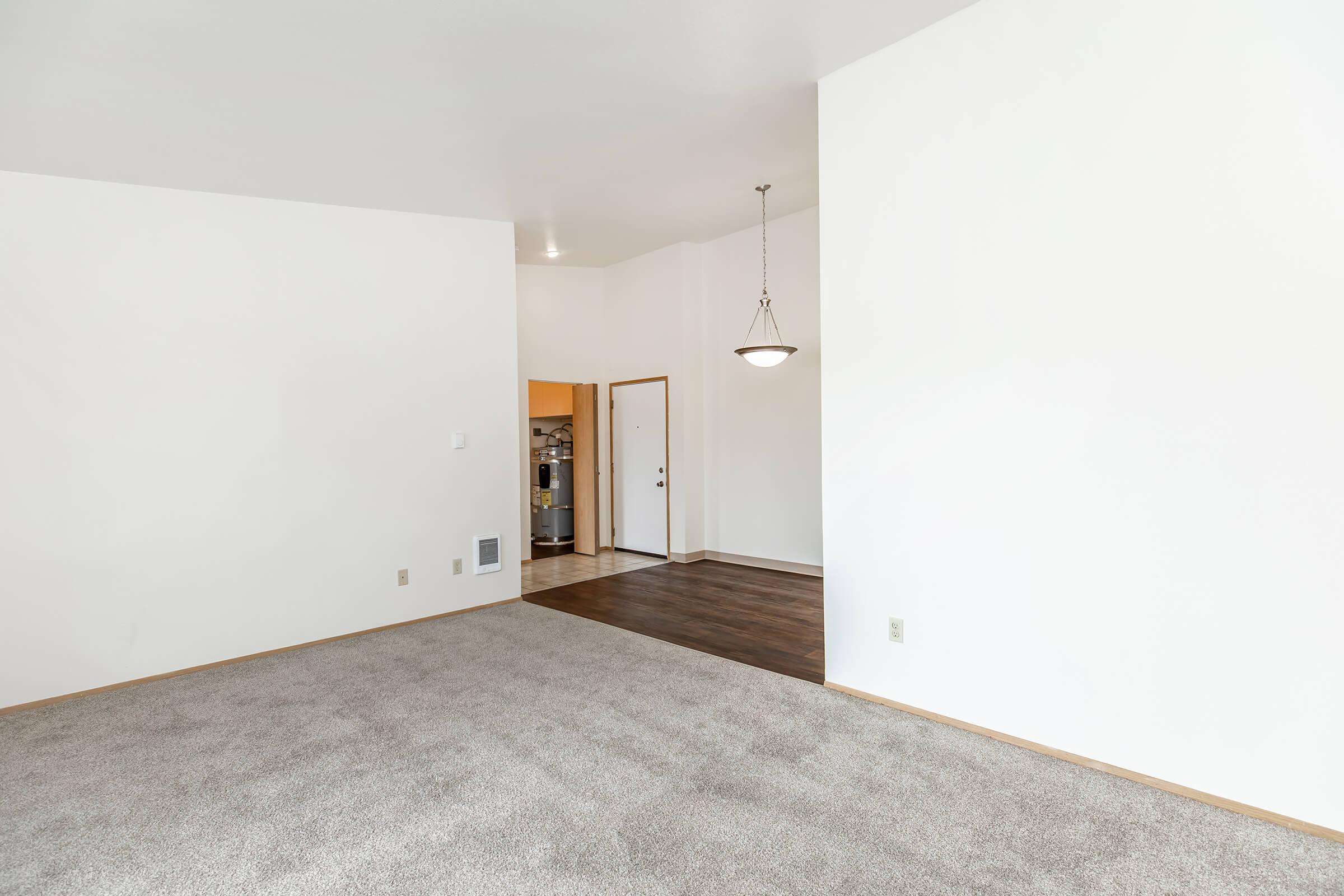 Empty room with a light-colored carpet and white walls. A doorway leads to a kitchen area, and a pendant light hangs from the ceiling. The space is well-lit and spacious, suggesting a living area or lounge.