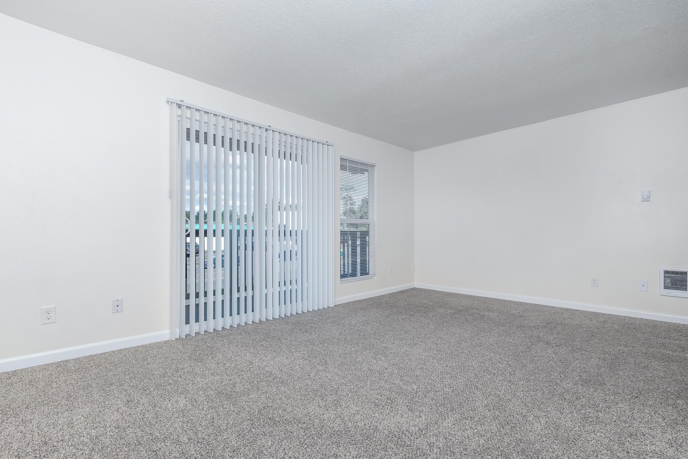 A spacious, empty room featuring beige carpet flooring, white walls, and vertical blinds covering a sliding glass door that opens to a balcony. Natural light streams in, highlighting the clean, minimalist design of the space.
