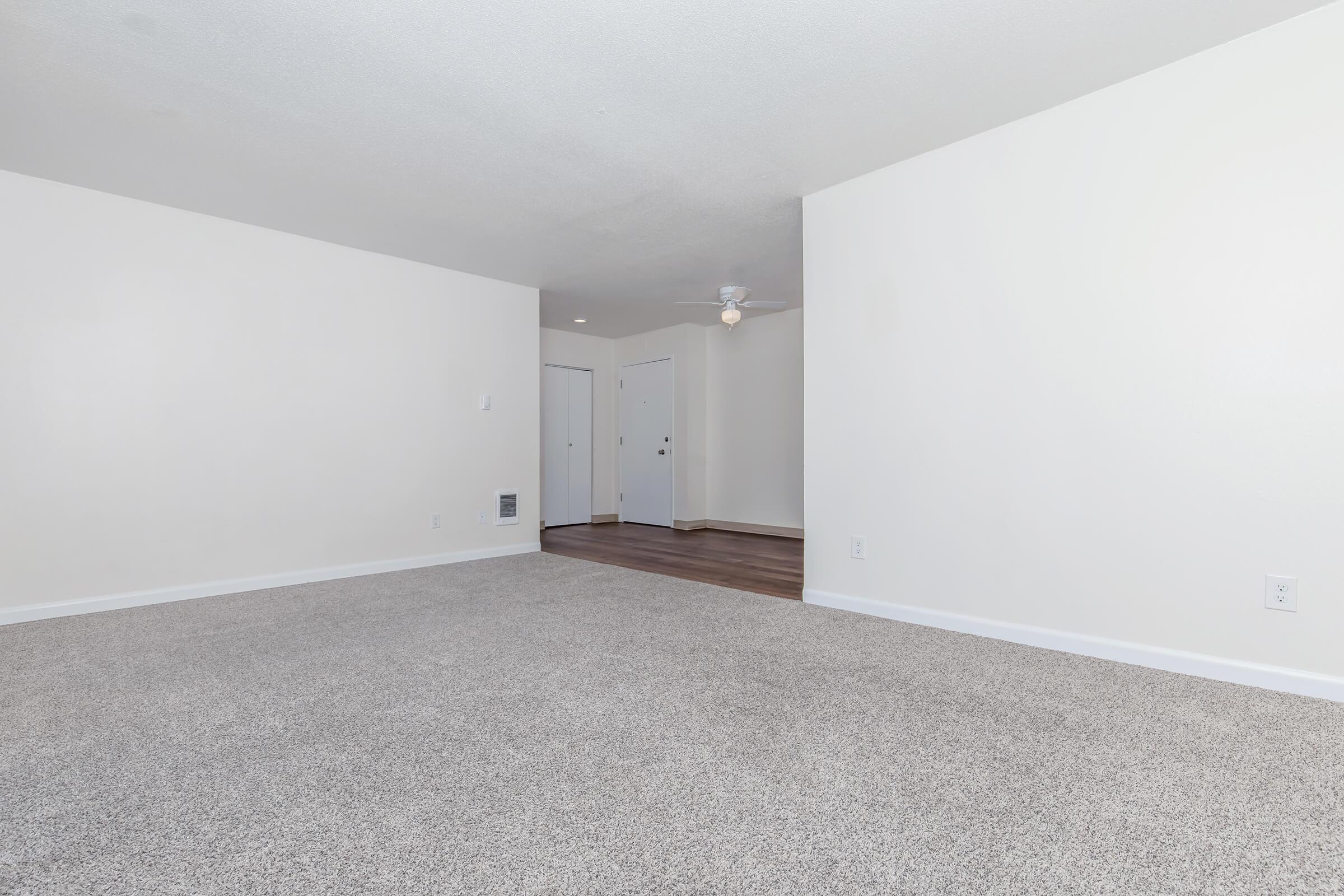 A spacious, empty living area with light gray carpet and white walls. A ceiling fan is visible, and two closed doors lead to other rooms. The space is well-lit with natural light, creating a bright and inviting atmosphere.