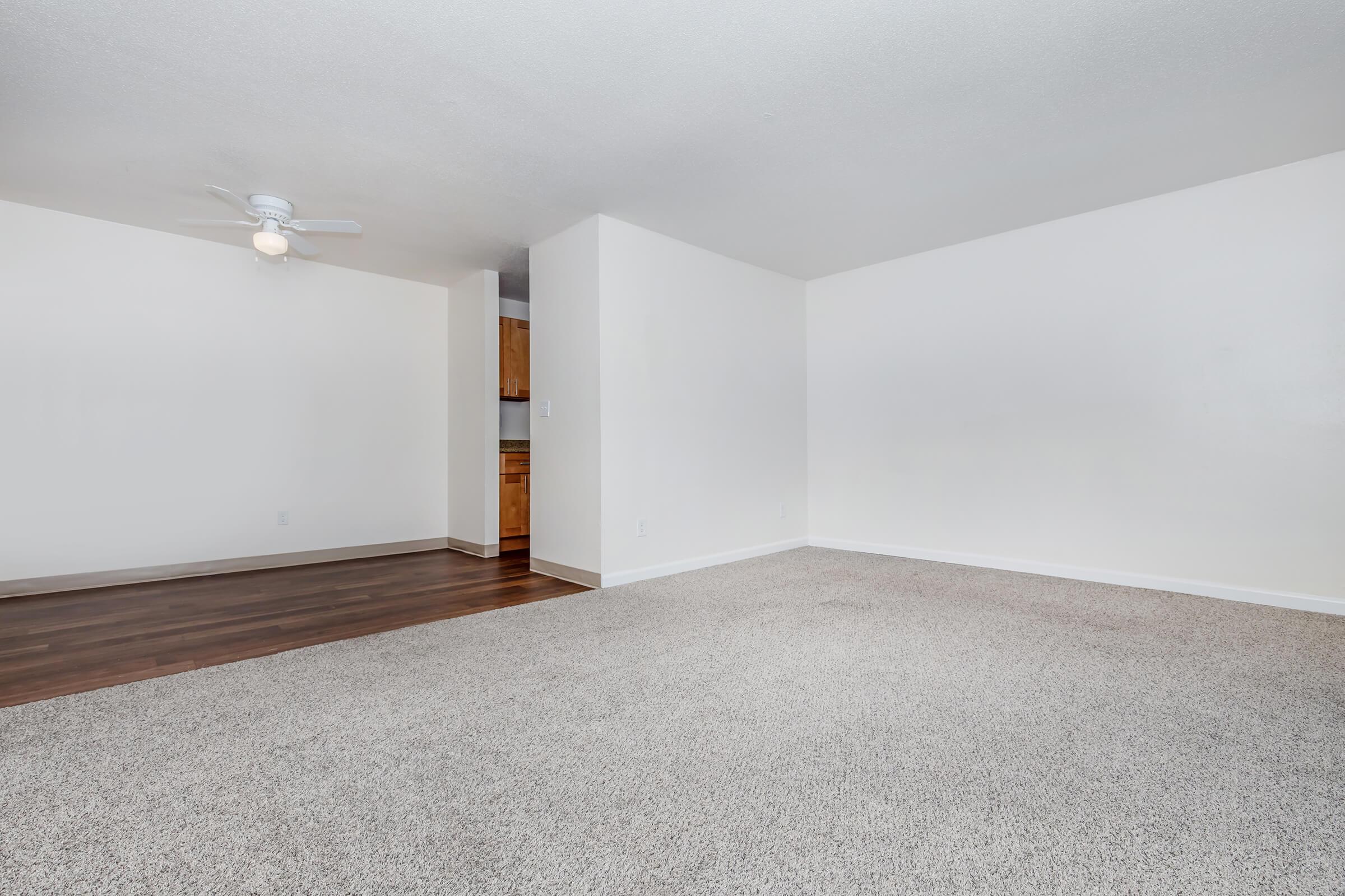 A spacious, empty room with light-colored walls and a ceiling fan. The floor is covered with beige carpet, and there is a small kitchen area visible in the background. Natural light illuminates the space, creating an airy and inviting atmosphere. Ideal for interior design or staging purposes.