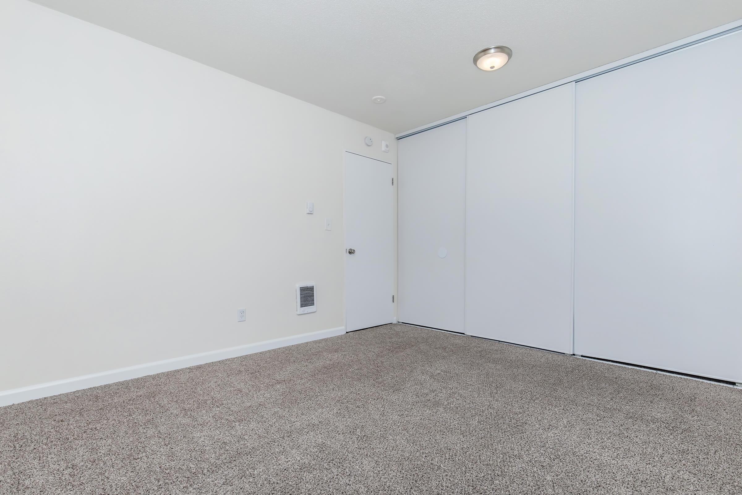 Empty room featuring light-colored walls, beige carpet flooring, a closet with sliding doors, and a single white door. The ceiling is accented with a light fixture. The space appears clean and minimalist, with no furniture or decorations present.