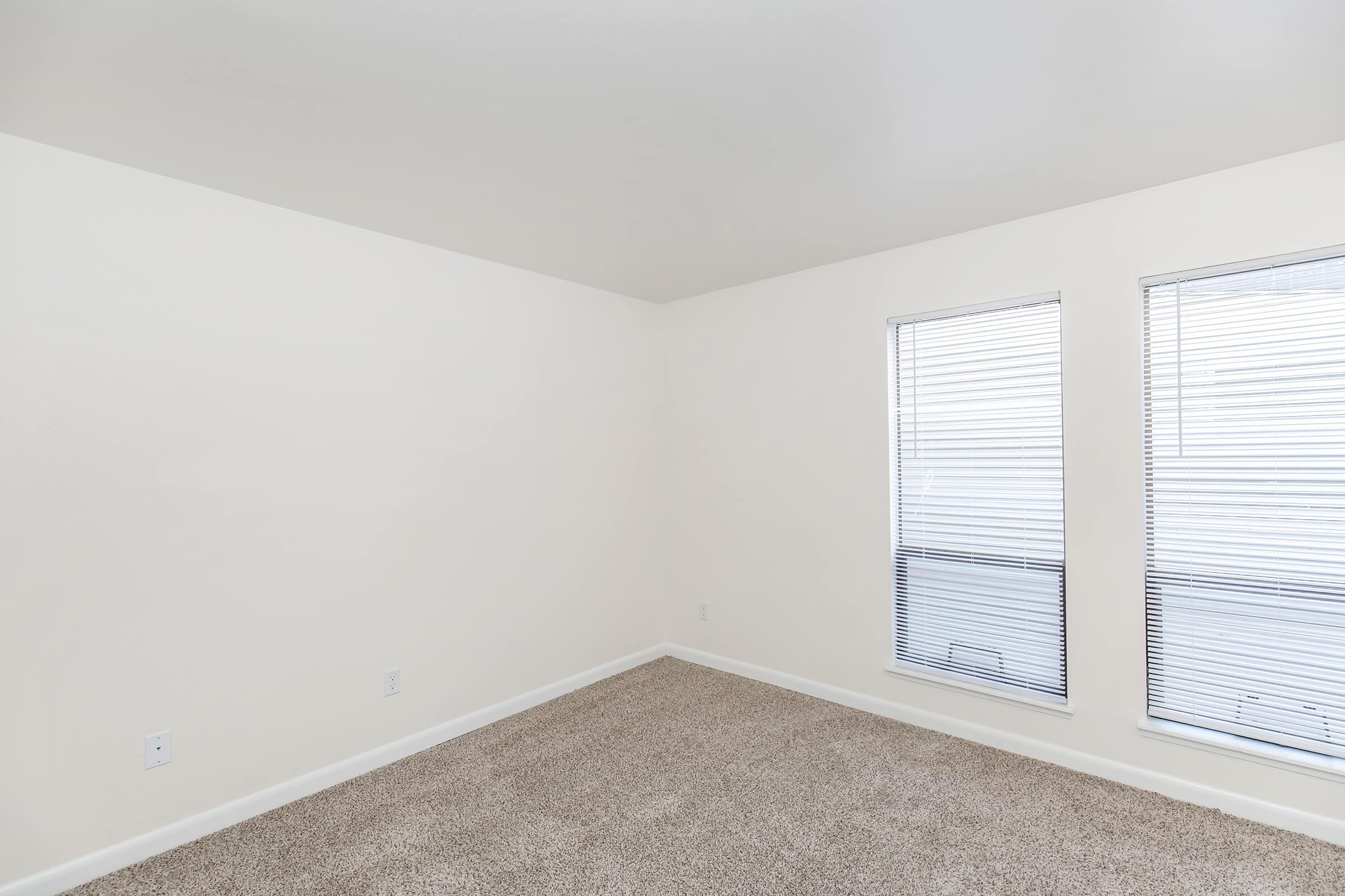 A clean, empty room with light beige carpet, white walls, and two windows with blinds, allowing natural light to enter. The space is minimally furnished, creating an open and airy feel.