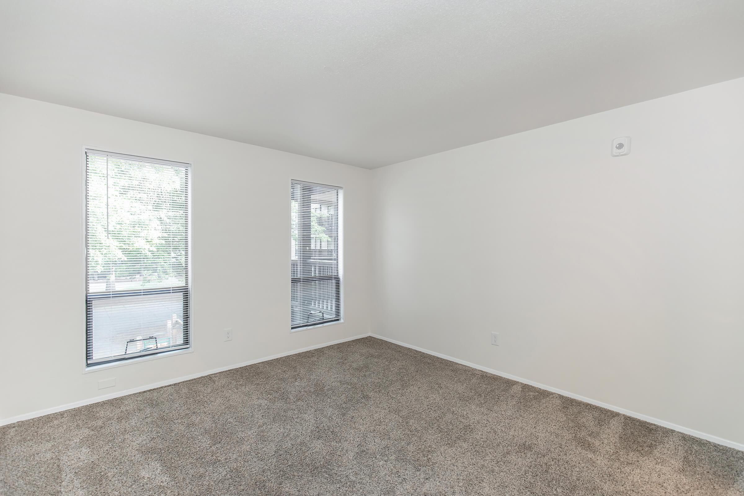 A spacious, empty room with light beige carpet and white walls. Two windows with blinds allow natural light to enter. The room features a minimalistic design and is ready for decoration or furniture placement.