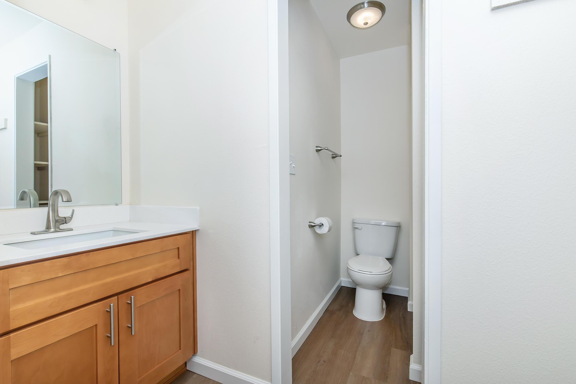 A modern bathroom featuring a small space with light-colored walls. On one side, there is a vanity with a sink and wooden cabinets, and on the other, a separate toilet area with a toilet and toilet paper holder. The flooring is light wood, and there’s a mirror above the sink.