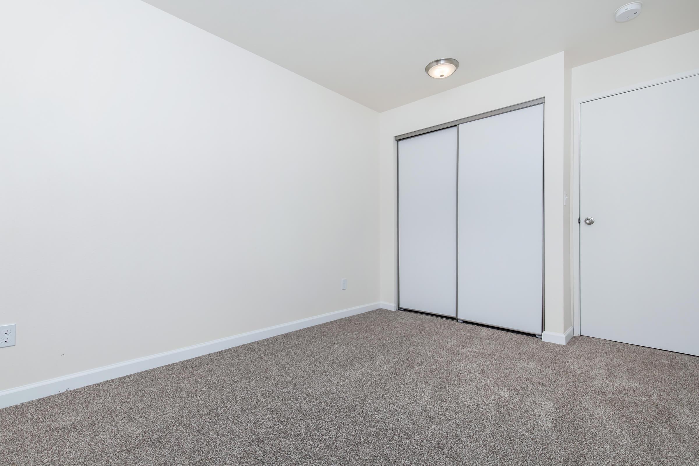 A spacious, empty room featuring light-colored walls, plush carpet flooring, a ceiling light fixture, and a closet with sliding white doors. A plain white door is visible on the right side, and the overall ambiance is bright and minimalistic, ideal for personal customization.