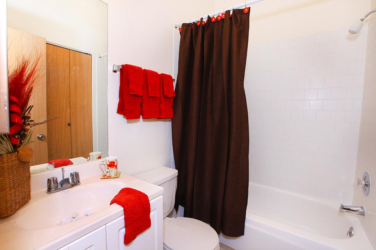 a red and white shower curtain