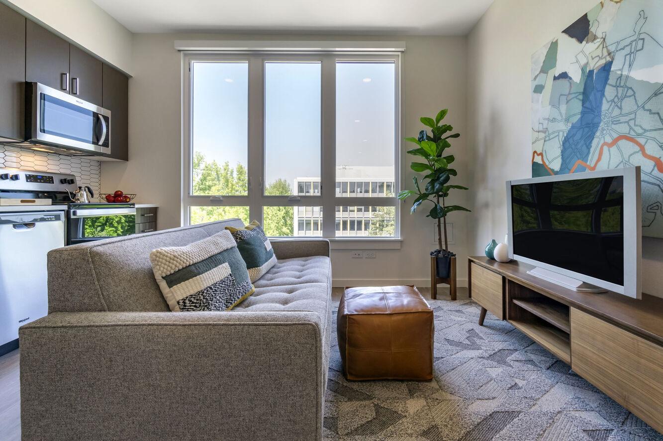 A modern living room featuring a gray sofa with decorative pillows, a brown ottoman, a wooden TV stand with a flat-screen TV, and a kitchen area with stainless steel appliances. Large windows let in natural light, and a green plant adds a touch of greenery. Abstract artwork is displayed on the wall.