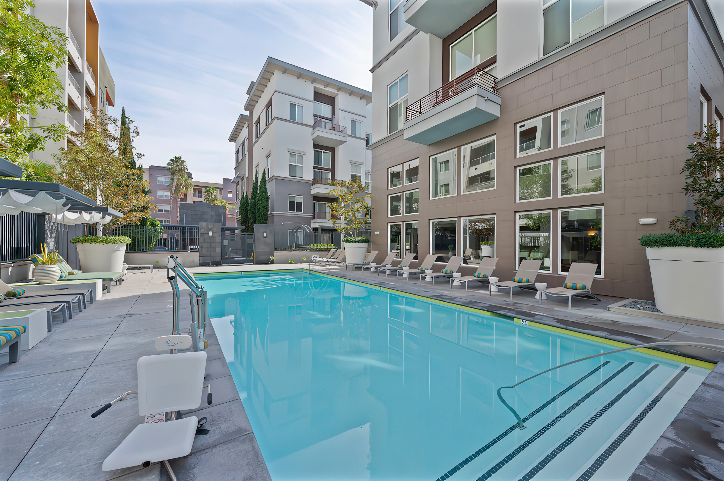 a swimming pool with seating