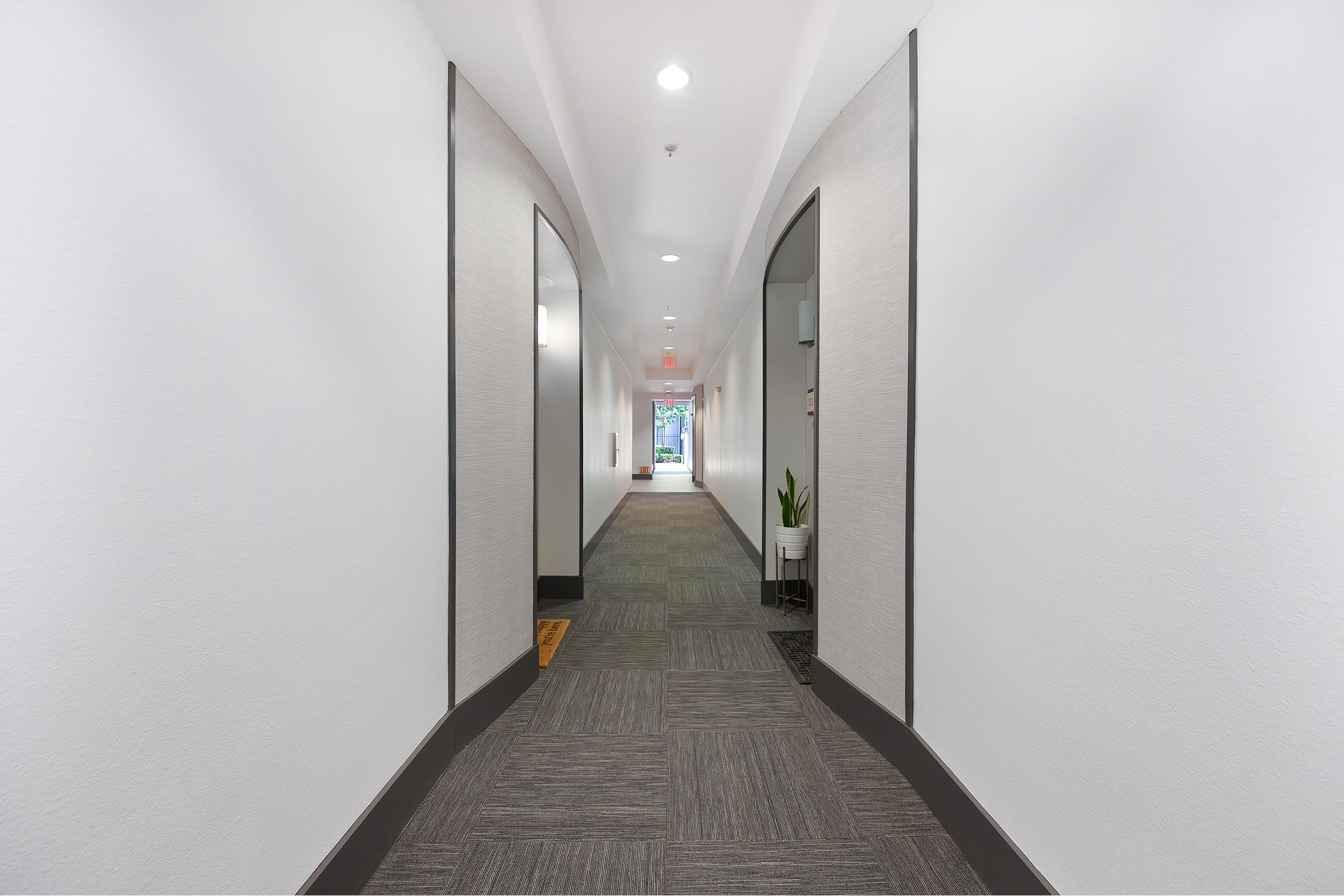A modern hallway with smooth, curved walls, featuring two doorways on either side. The floor is covered with gray carpeting, and there is a small green plant near the far end. Ceiling lights provide bright illumination, leading to a brightly lit area in the distance.
