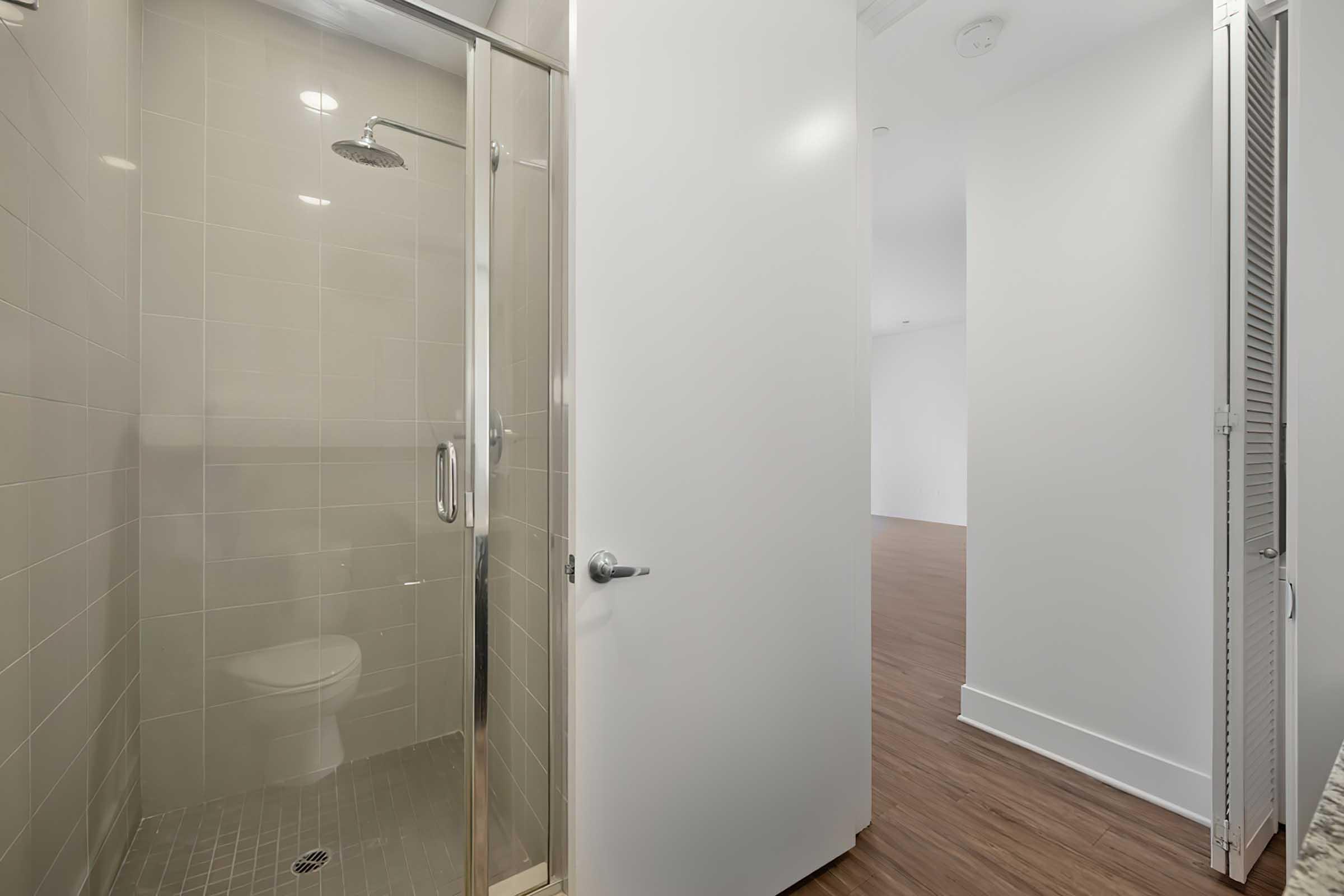 a shower stall in a bathroom