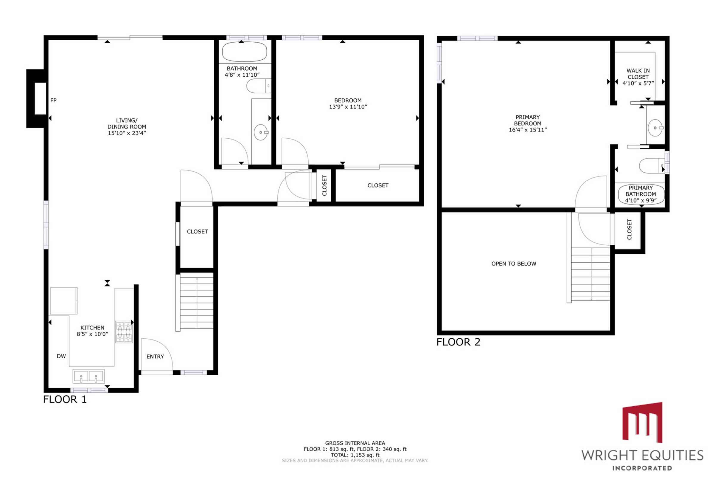Floor plan of a two-story residential property. The first floor includes an entry, kitchen, living/dining area, bathroom, and bedroom. The second floor features a primary bedroom with a walk-in closet, an open area overlooking the first floor, and additional rooms. Measurements are labeled for each room.