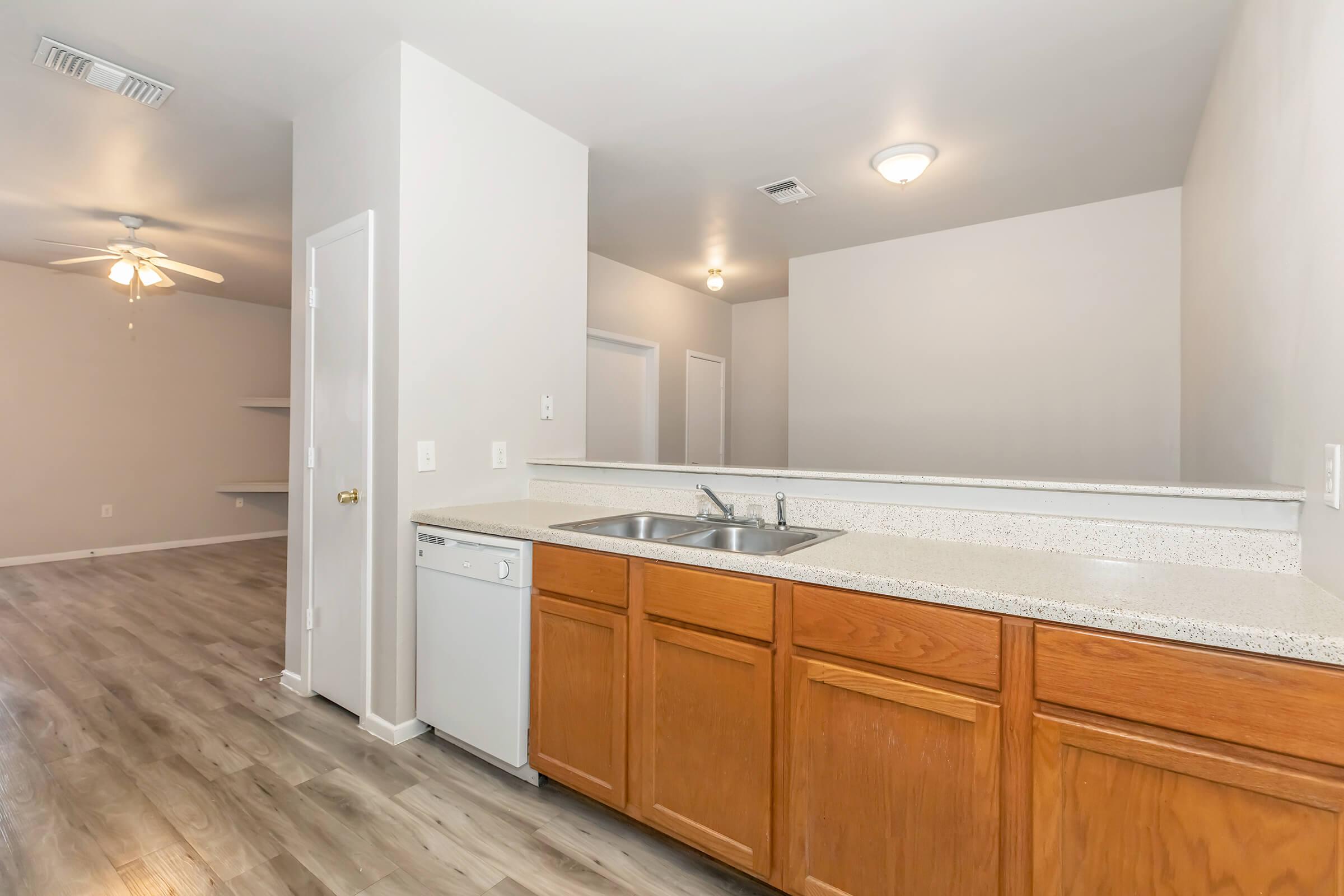Modern kitchen view featuring a countertop with a sink and a dishwasher. The space has wooden cabinetry and light-colored walls. In the background, a spacious living area is visible with ceiling lights and a ceiling fan, showcasing a contemporary and open layout.