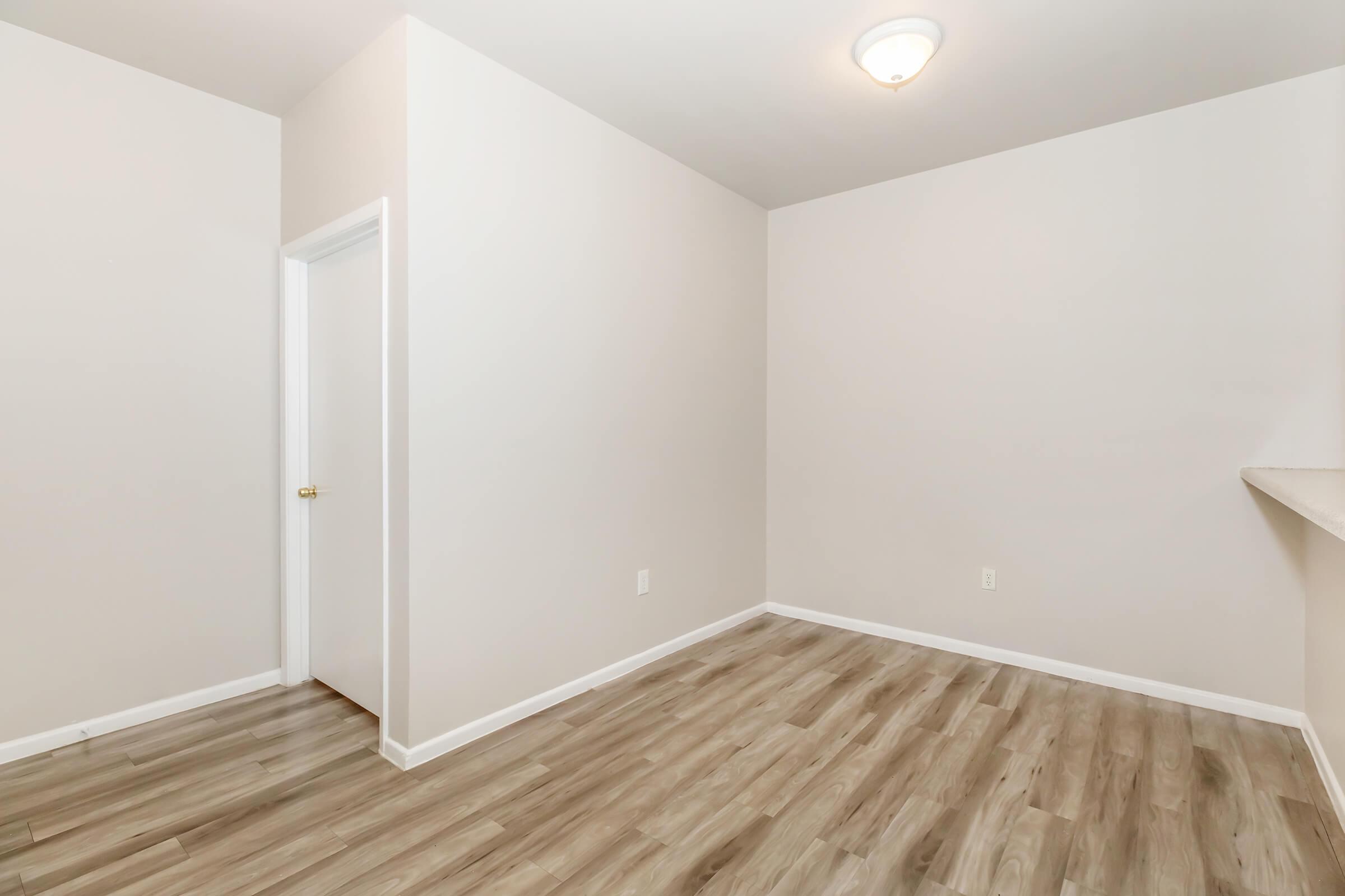 Empty room with light gray walls and a light wooden floor. There is a closed door on the left side and a small countertop visible in the background. A ceiling light provides illumination, and the space appears clean and ready for furnishing.