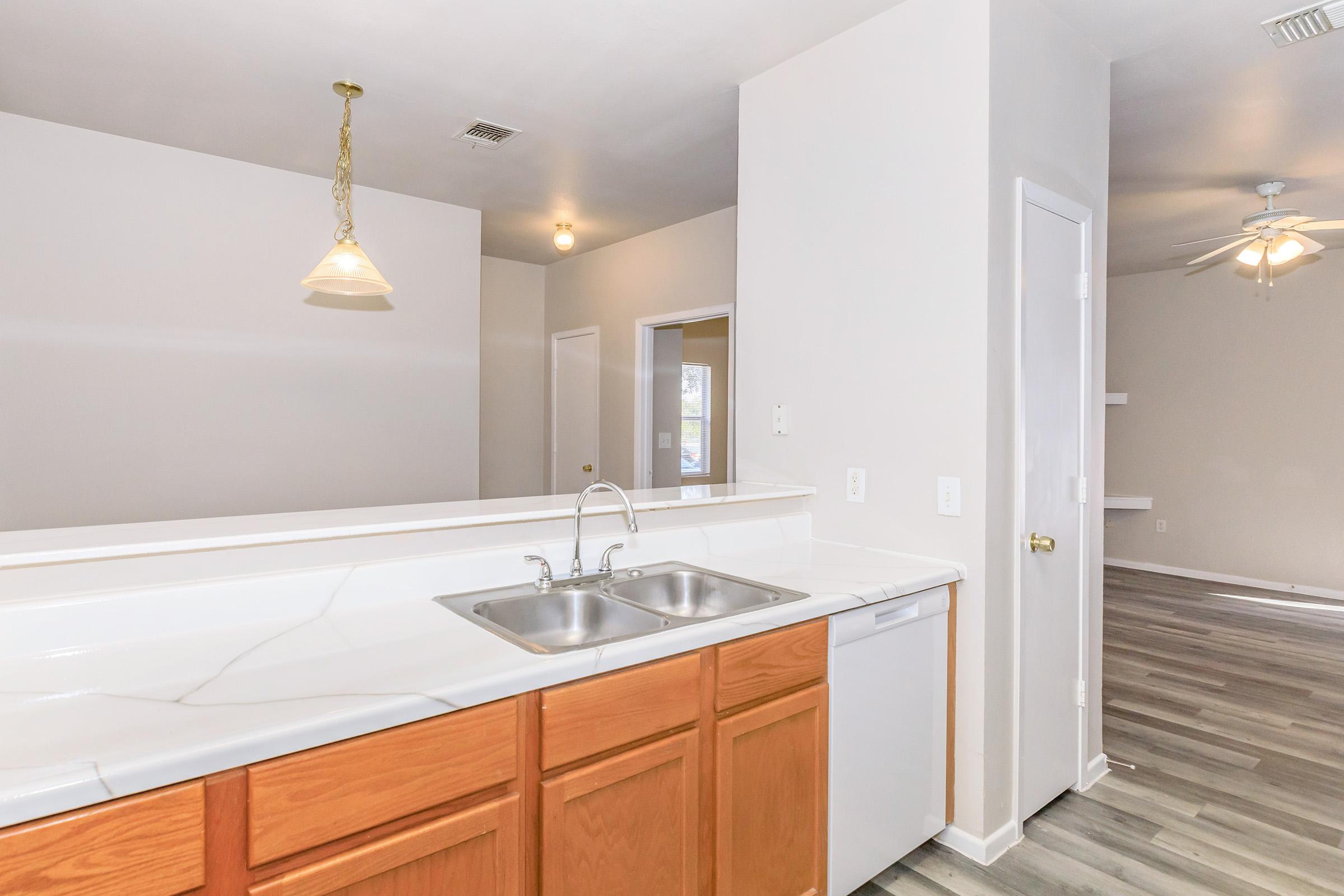 A modern kitchen with a light-colored countertop and double sink. Wooden cabinetry is visible, with a dishwasher nearby. The background features a doorway leading to another room, and there is a ceiling fan in the adjacent space. The walls are painted in neutral tones.