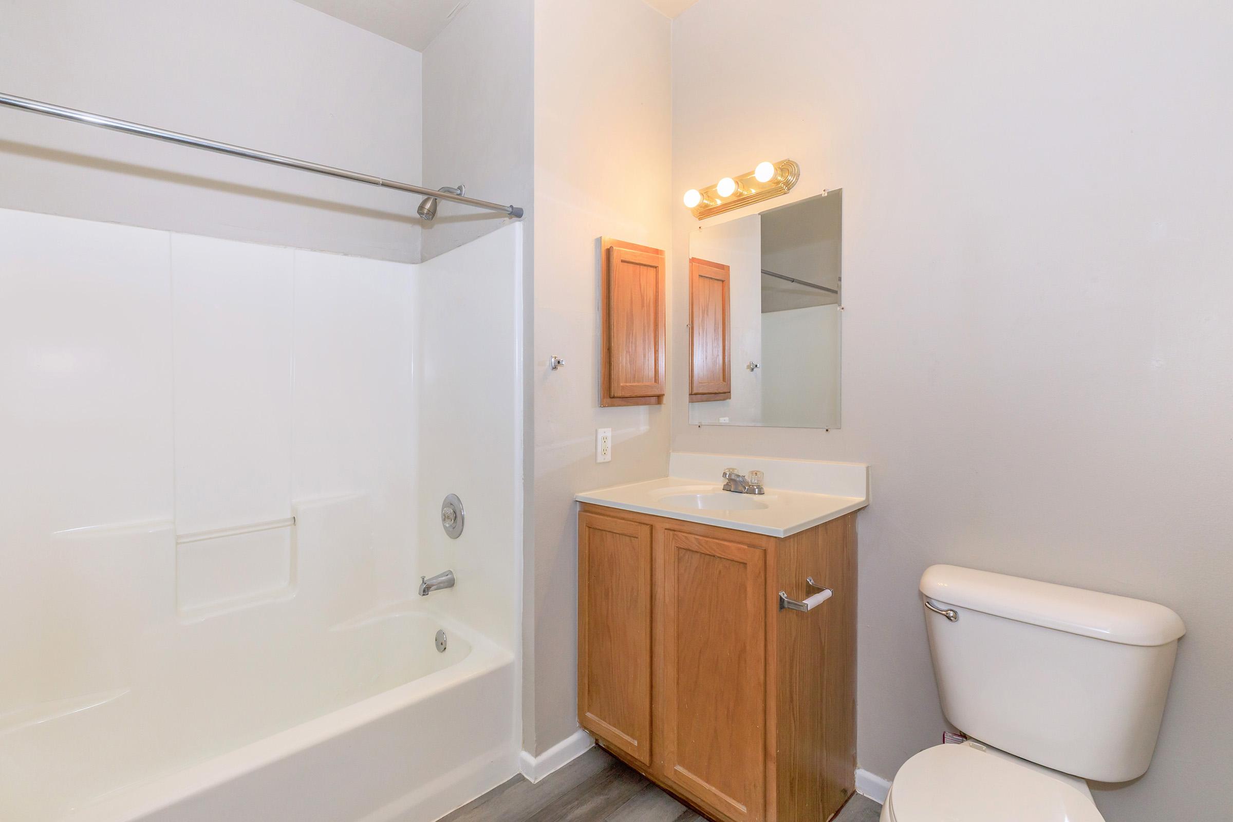 A clean, modern bathroom featuring a bathtub with a shower curtain, a single sink vanity with wooden cabinets, a wall-mounted mirror above the sink, and a toilet. The walls are painted light gray, and the flooring is a neutral color. There is ample natural light from the mirror lighting.
