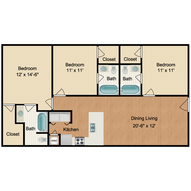 Floor plan image of 1 Bed 1 Bath Roommate Rental