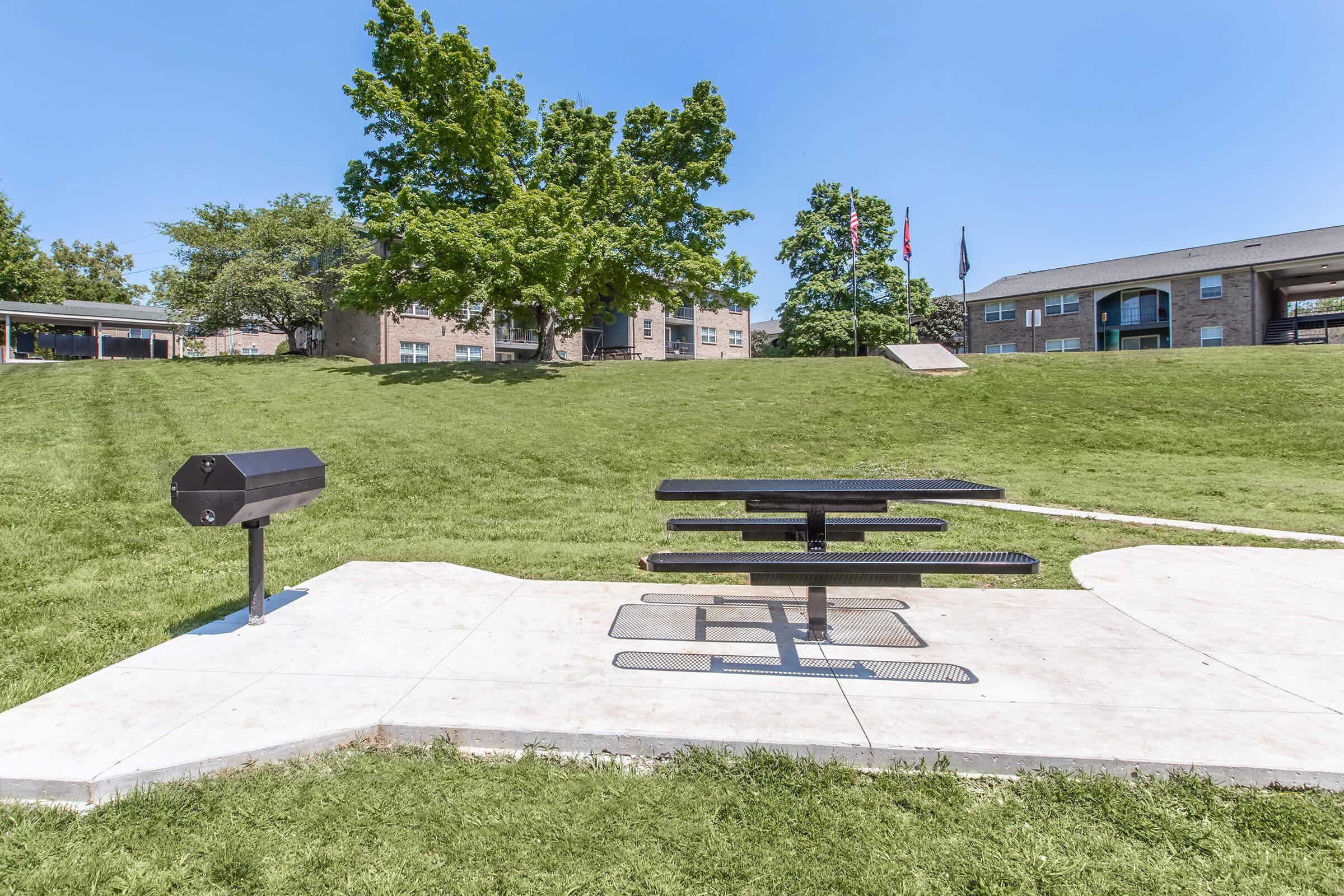 A picnic area featuring a black metal table and grill, situated on a grassy hill. In the background, there are residential buildings with trees and flags. The sky is clear and blue, creating a pleasant outdoor environment.