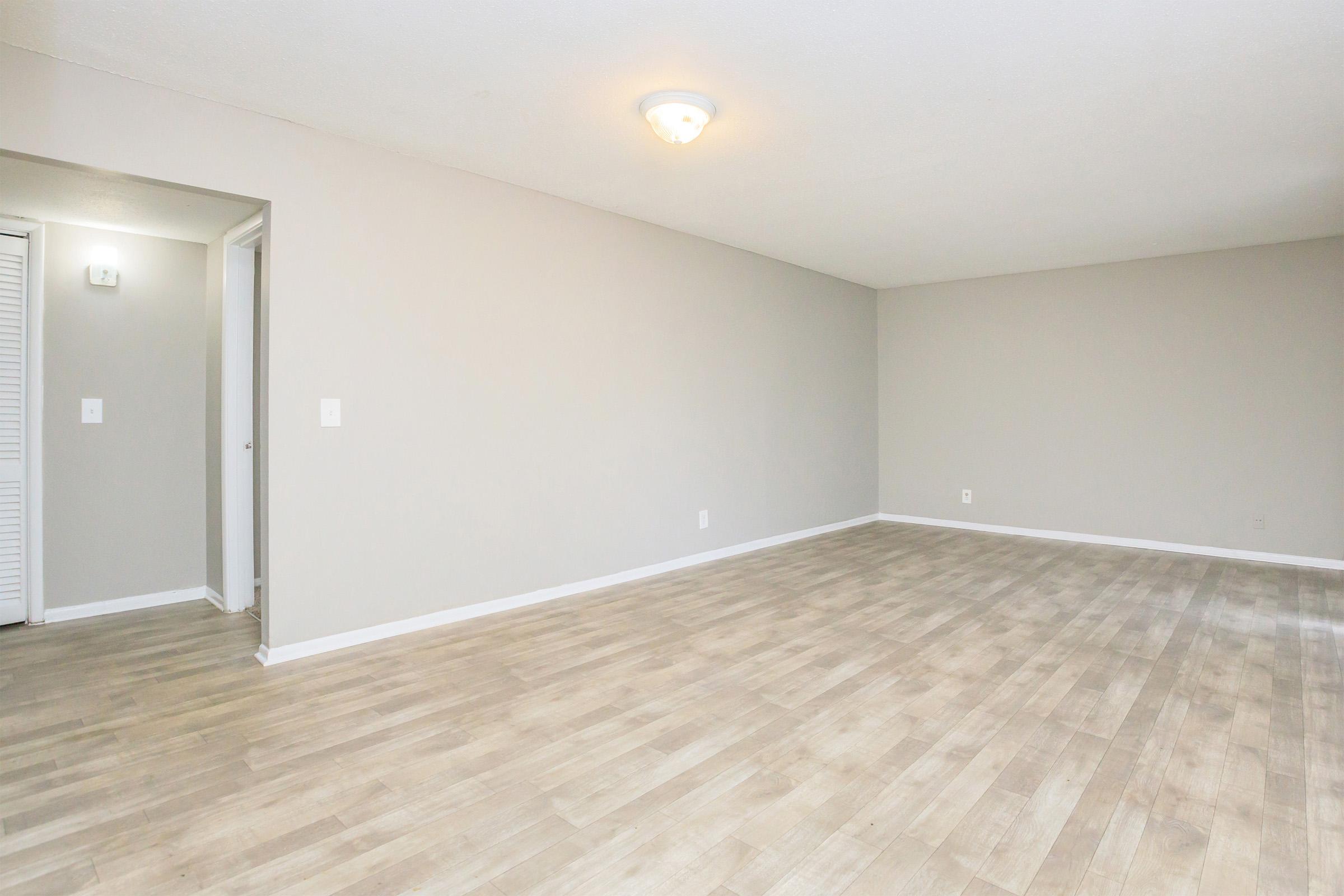 Spacious, empty living room with light-colored walls and wooden flooring. A central ceiling light fixture illuminates the area. An open doorway leads to another room, and a closet is visible on the left side. The room has a neutral aesthetic, creating a bright and inviting atmosphere.