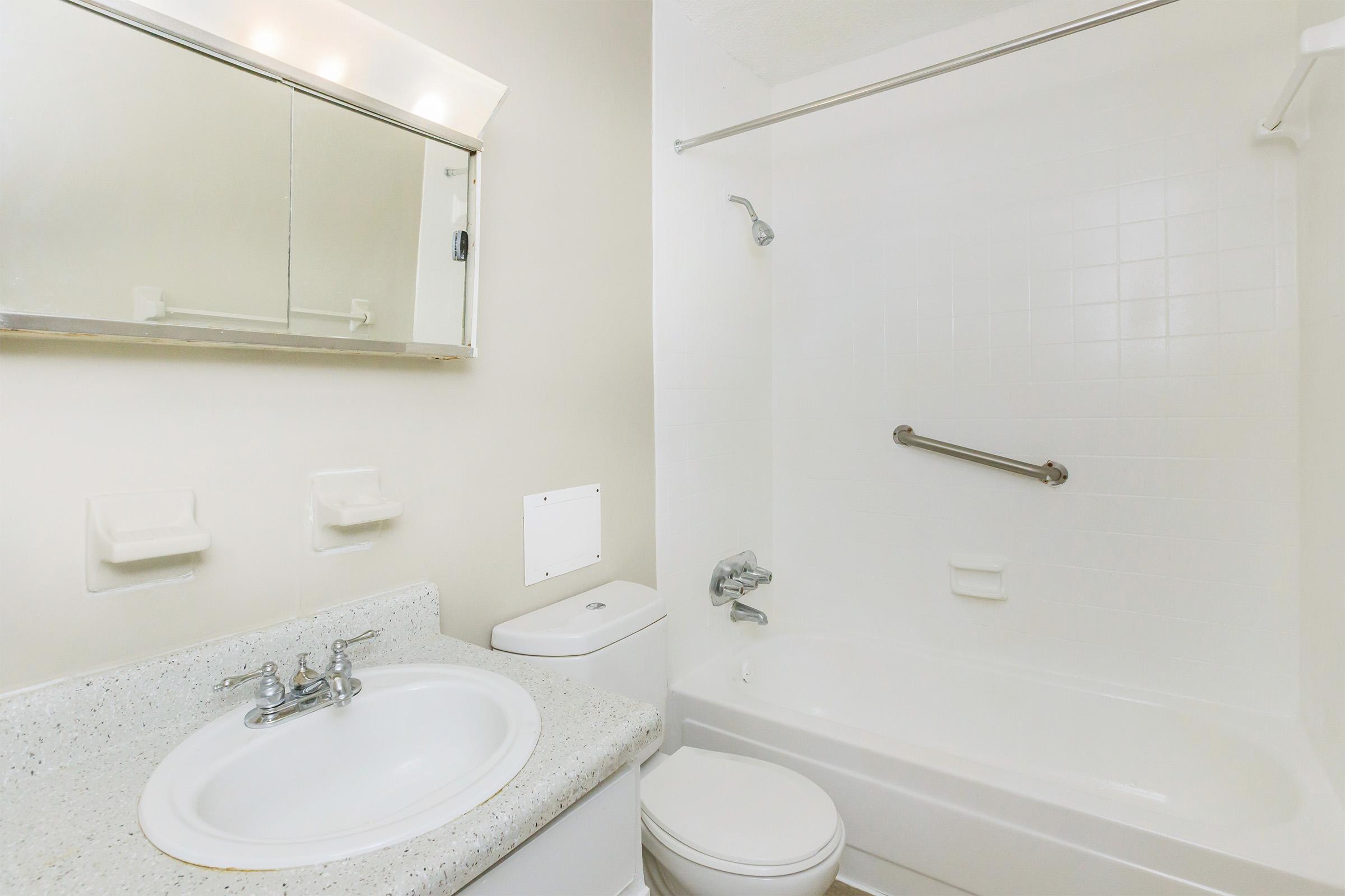 A clean, modern bathroom featuring a white bathtub with a showerhead, a toilet, and a sink with a countertop. A mirror is mounted above the sink, and grab bars are installed near the bathtub for safety. The walls are light-colored, creating a bright and spacious atmosphere.
