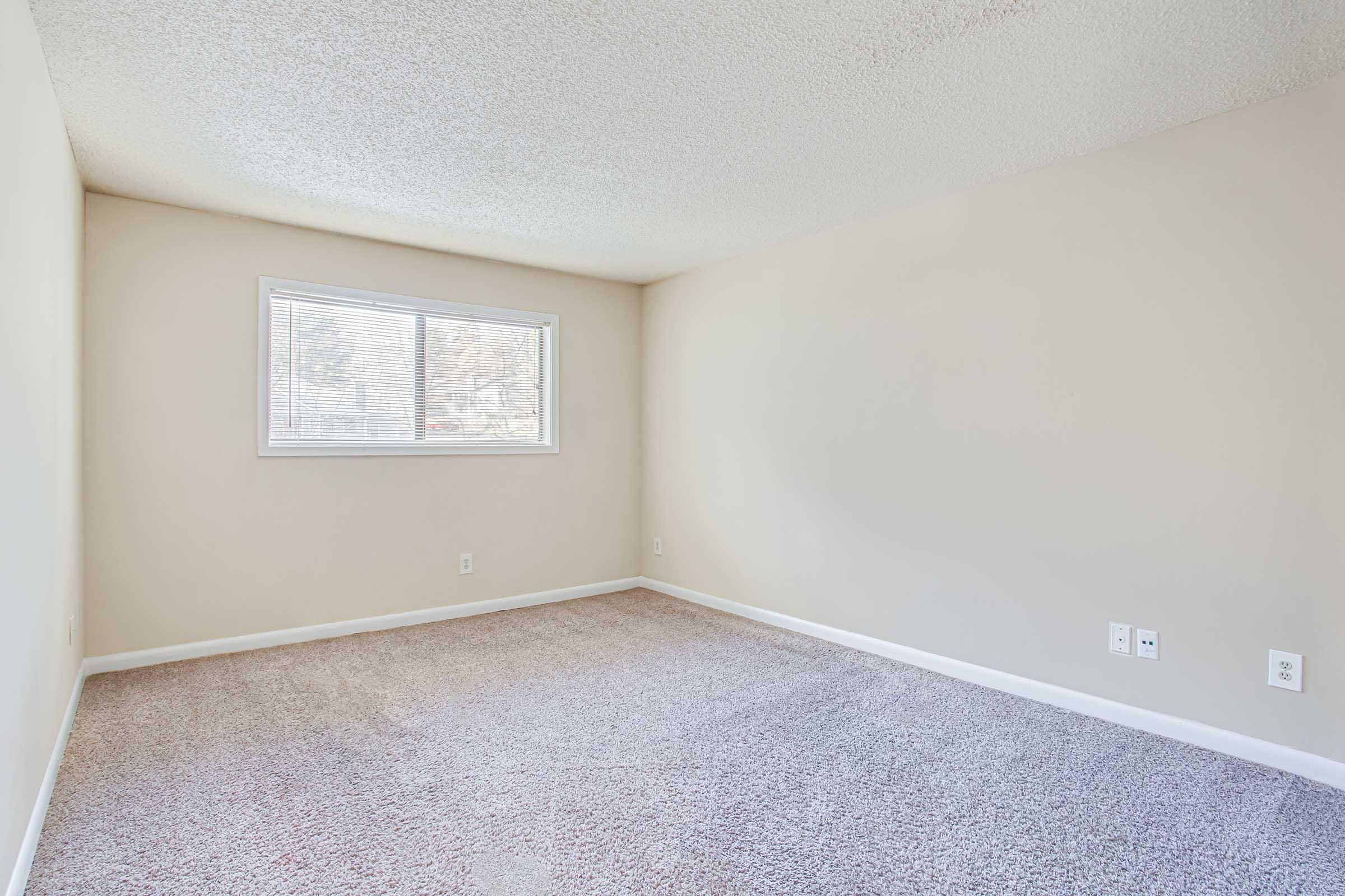 Empty room with light-colored walls and a beige carpet. A window with white blinds allows natural light to enter. The space appears clean and well-maintained, ready for furniture or decoration.
