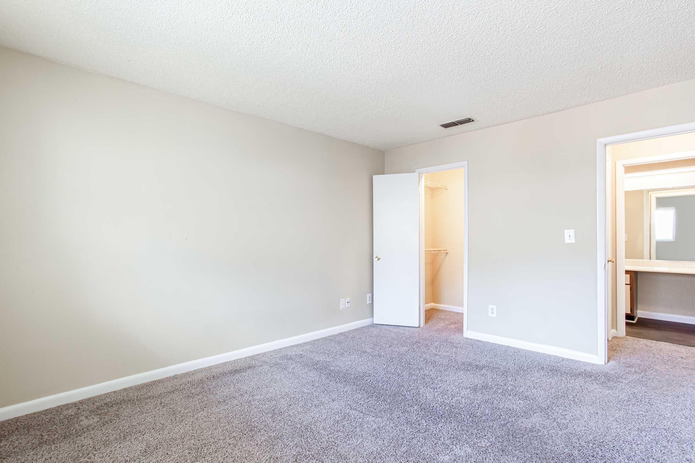 A spacious and empty room with light gray carpet and neutral-colored walls. There is a closed door to the left leading to a closet and an open doorway on the right that leads to a bathroom with a vanity. Natural light is coming in from the doorway, creating a bright atmosphere.