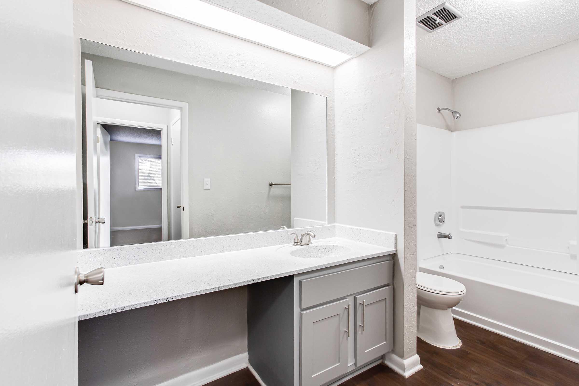 A bright and modern bathroom featuring a spacious vanity with a white countertop, a large mirror above it, and a bathtub with a shower. The walls are painted in a soft gray, complemented by dark wood flooring. A door leads to another room, showcasing a clean and inviting design.